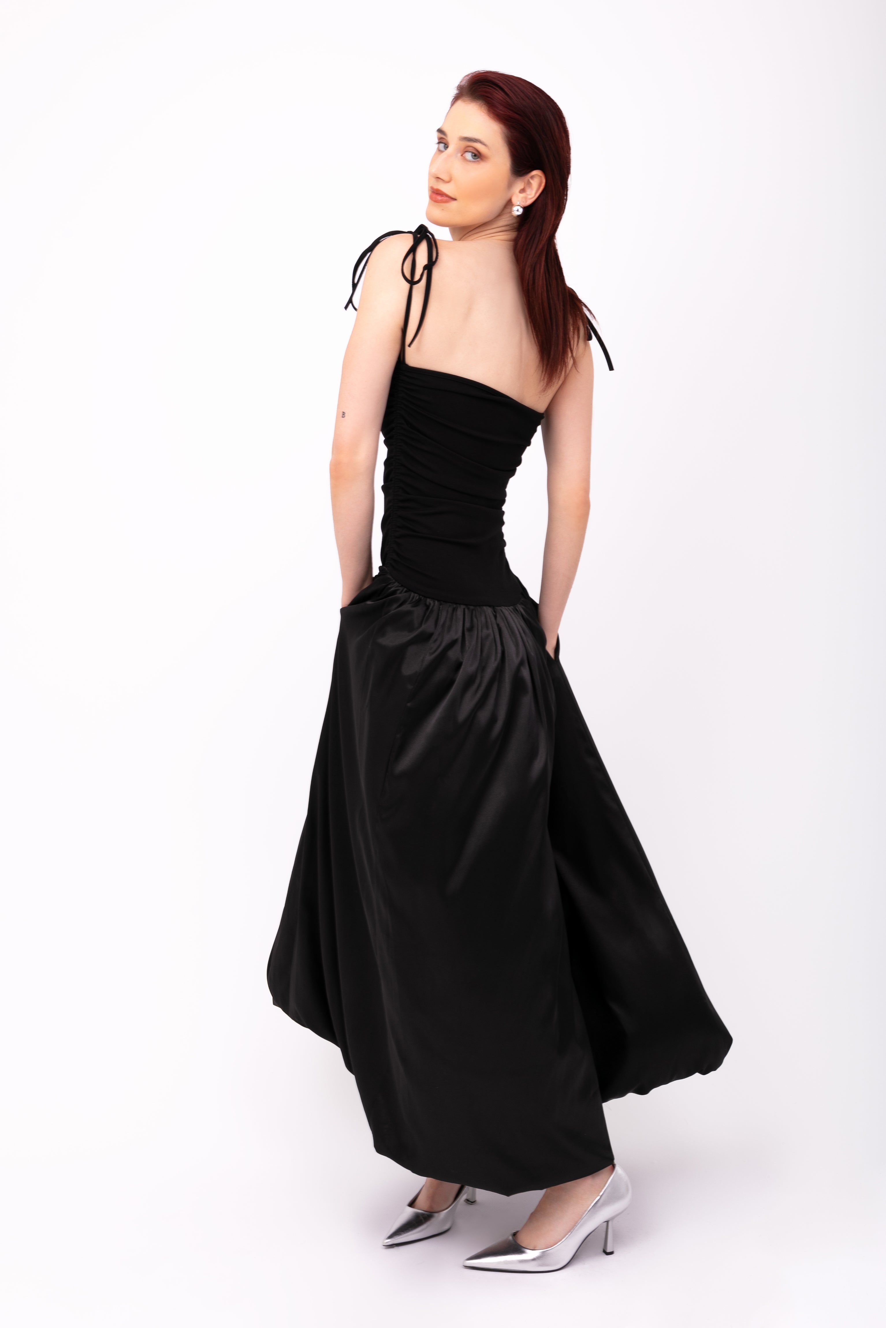 Alexa Rich Cotton Black Satin Puffball Maxi Dress