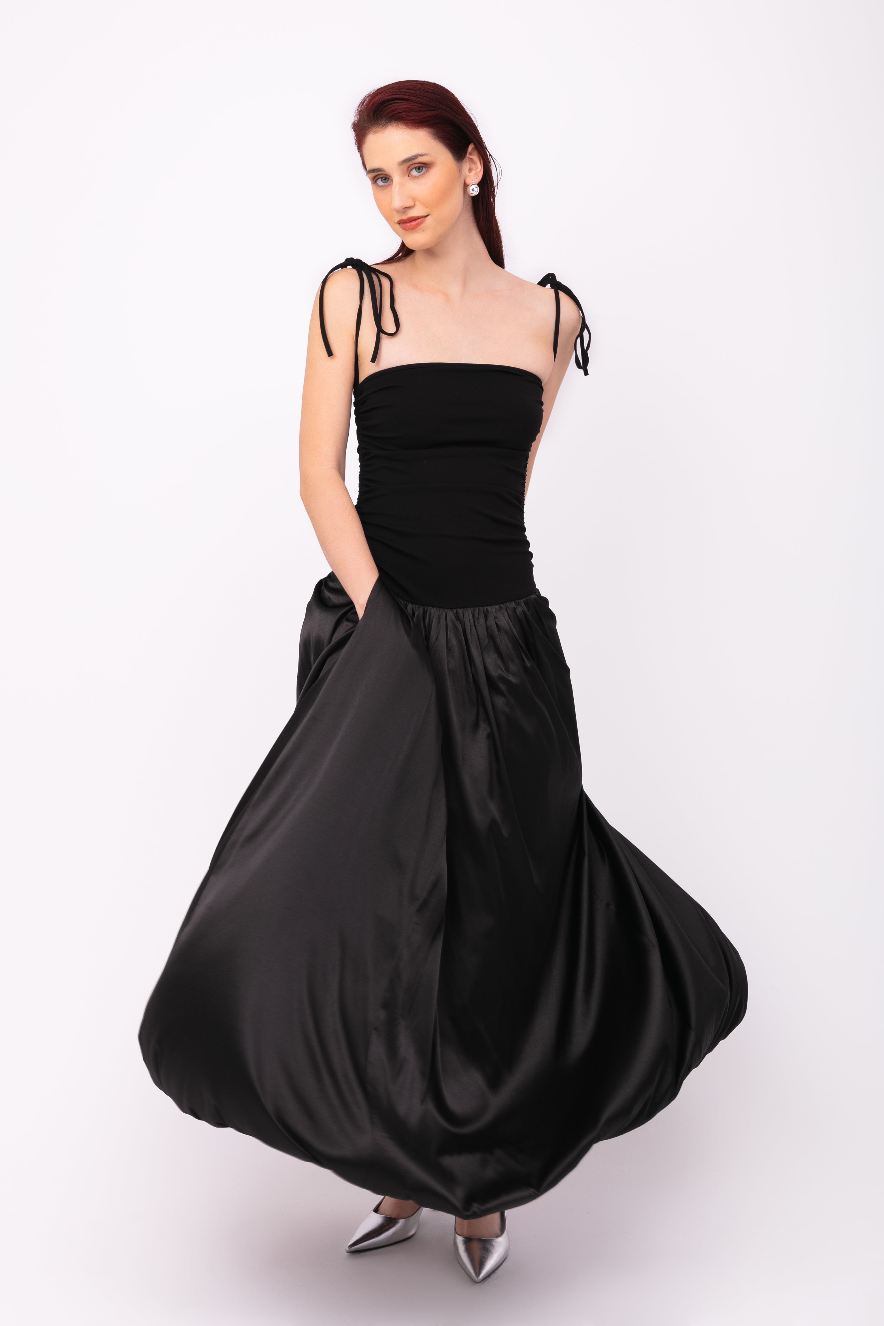 Alexa Rich Cotton Black Satin Puffball Maxi Dress