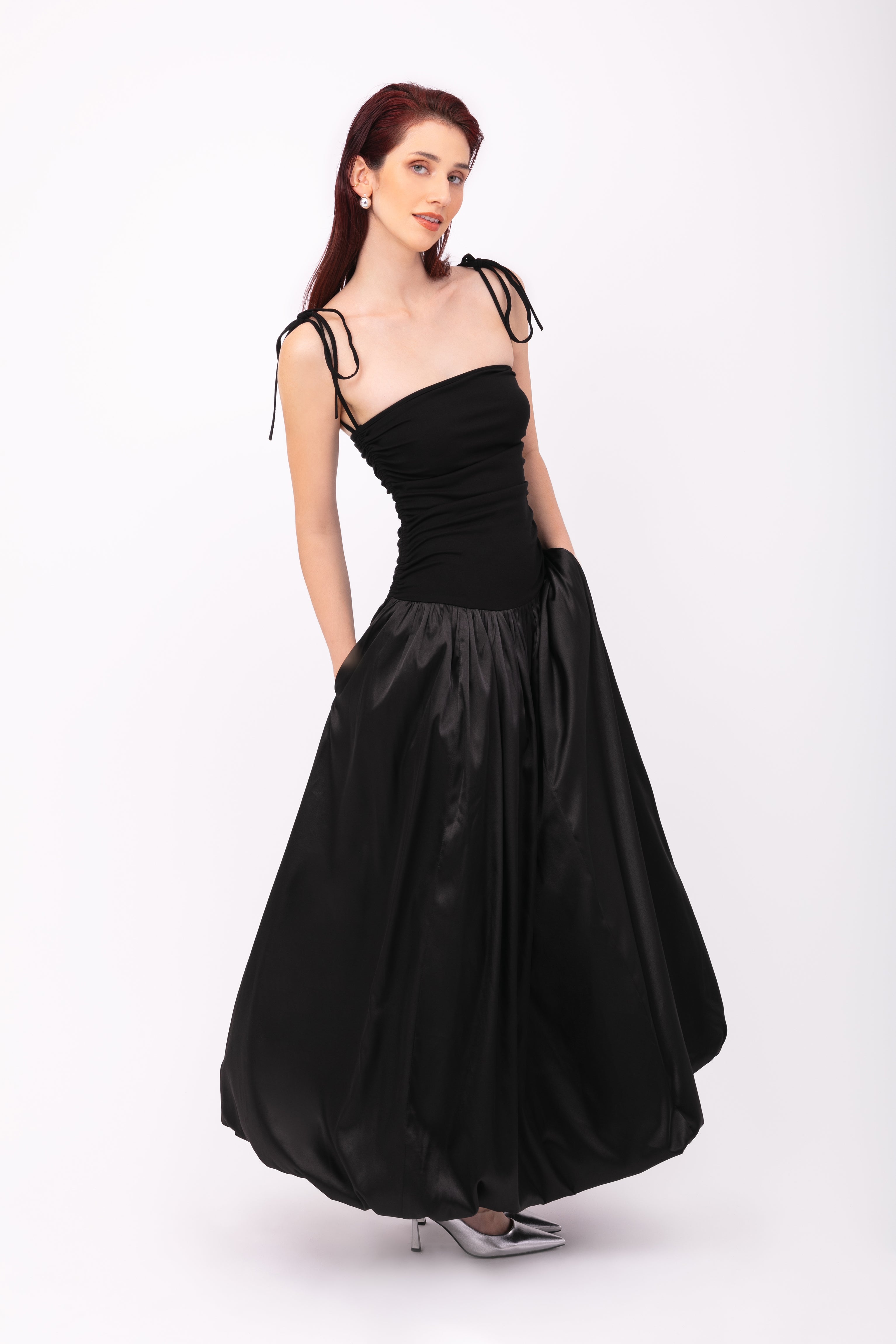 Alexa Rich Cotton Black Satin Puffball Maxi Dress