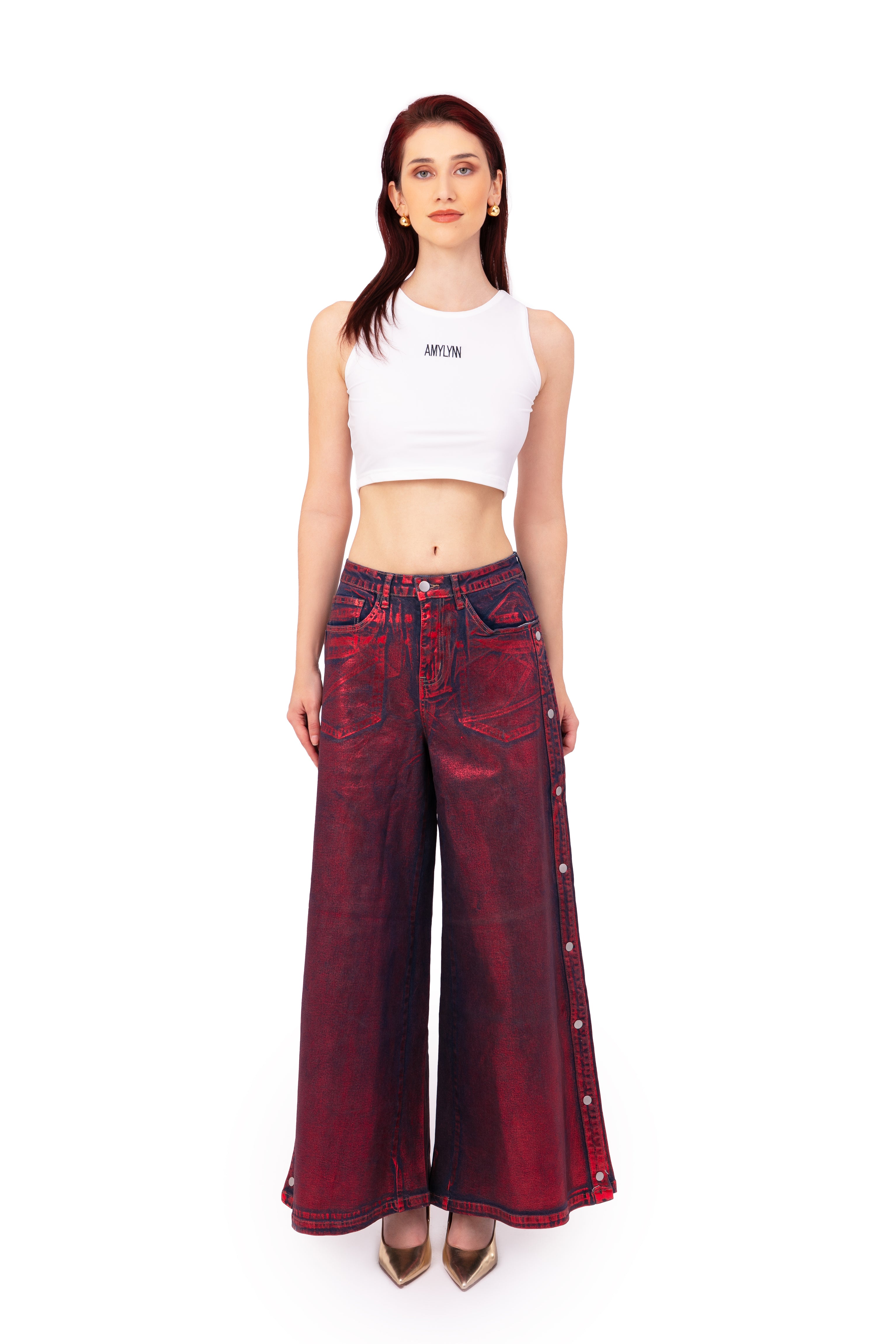 Wren Pure Cotton Red Foil Coated Denim Trousers