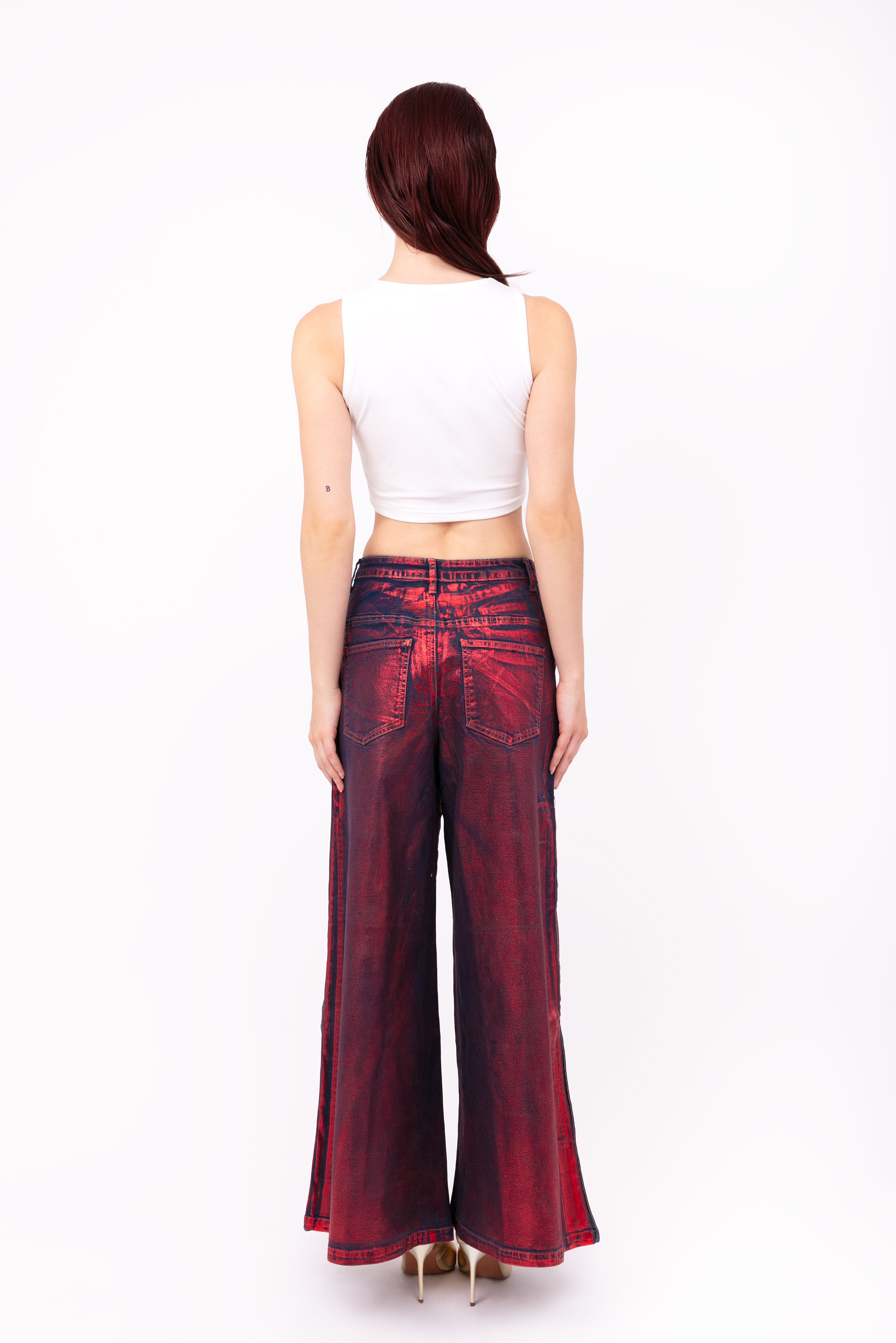 Wren Pure Cotton Red Foil Coated Denim Trousers