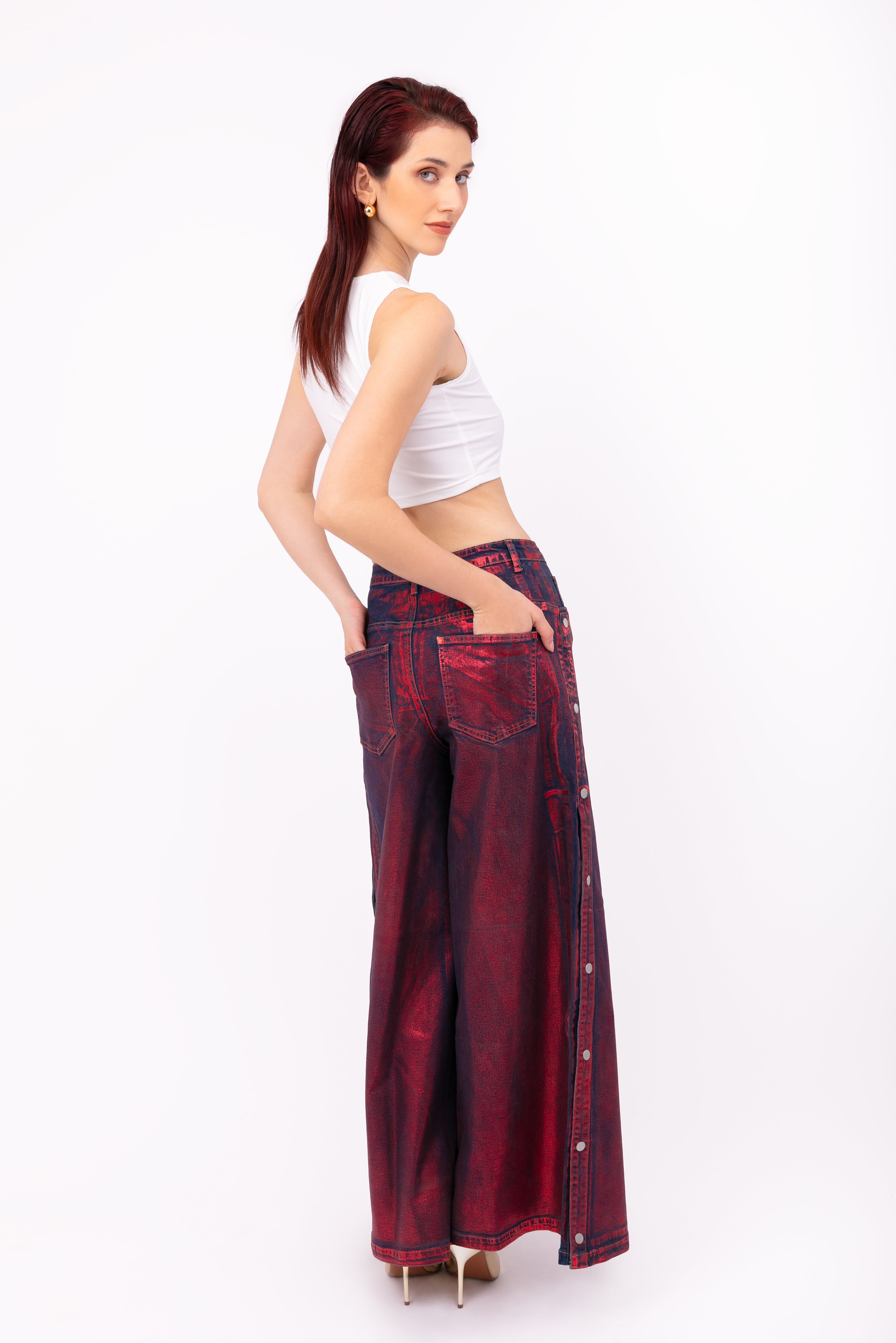 Wren Pure Cotton Red Foil Coated Denim Trousers