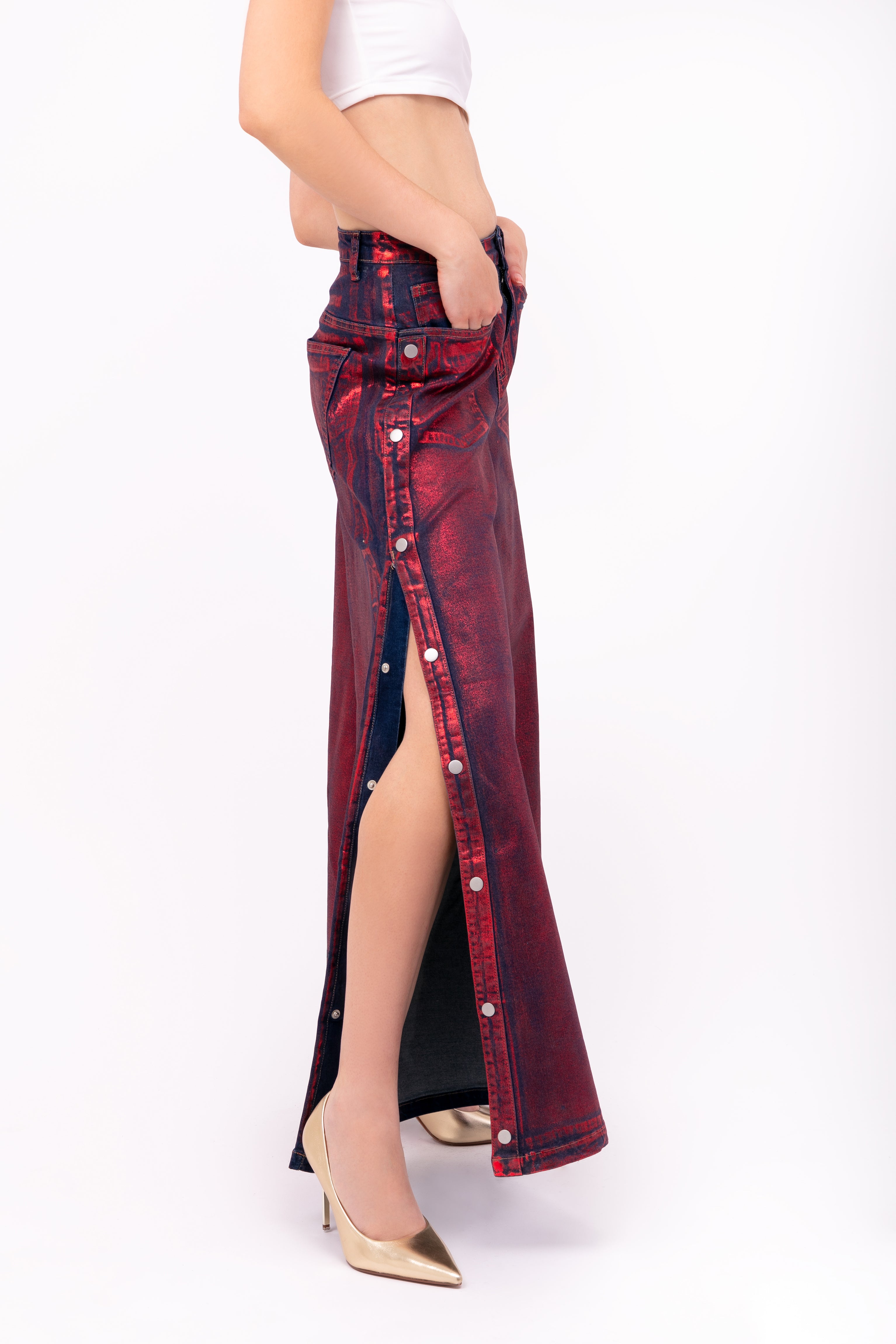 Wren Pure Cotton Red Foil Coated Denim Trousers