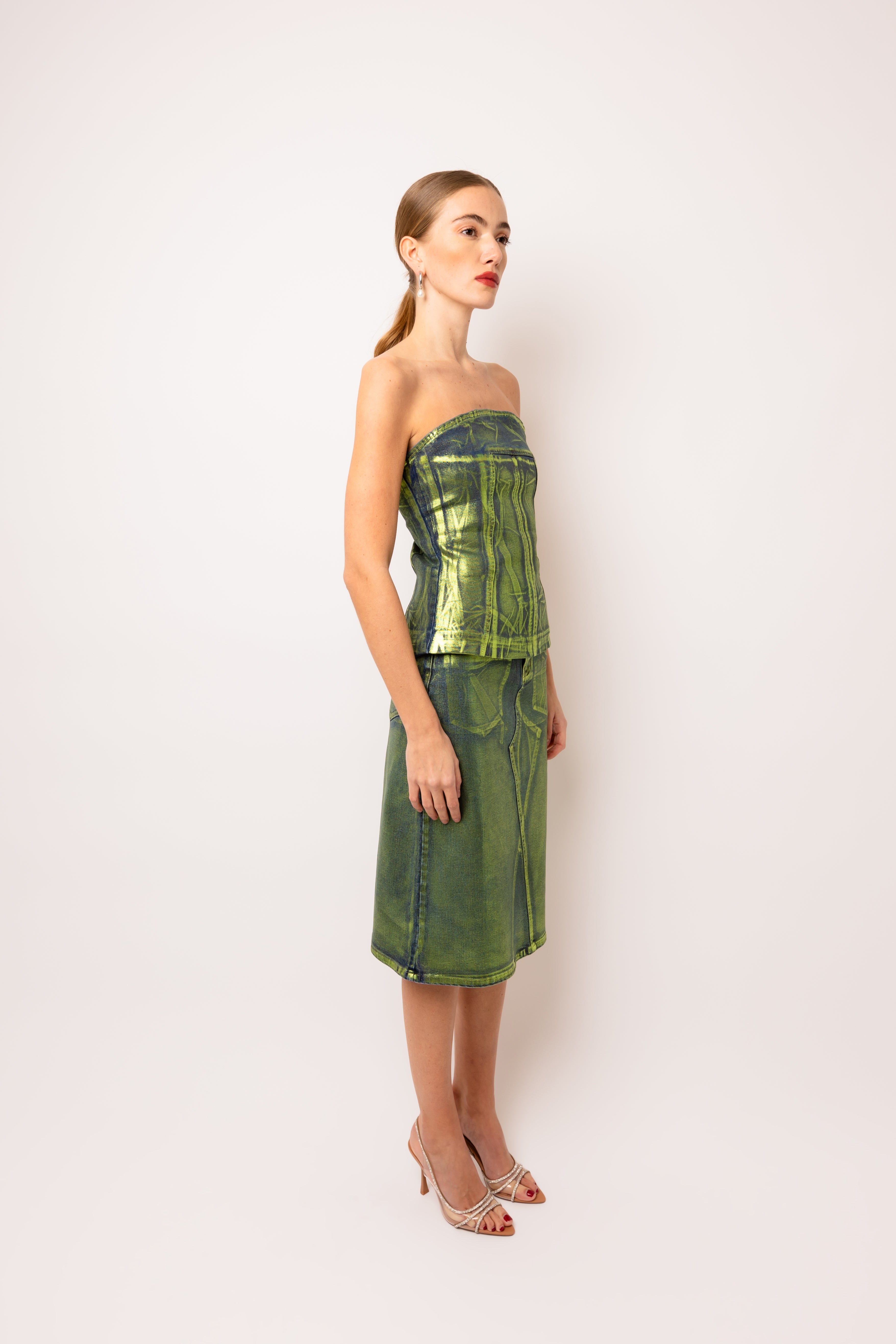 Clara Rich Cotton Green Denim Foil Coated Midi Skirt
