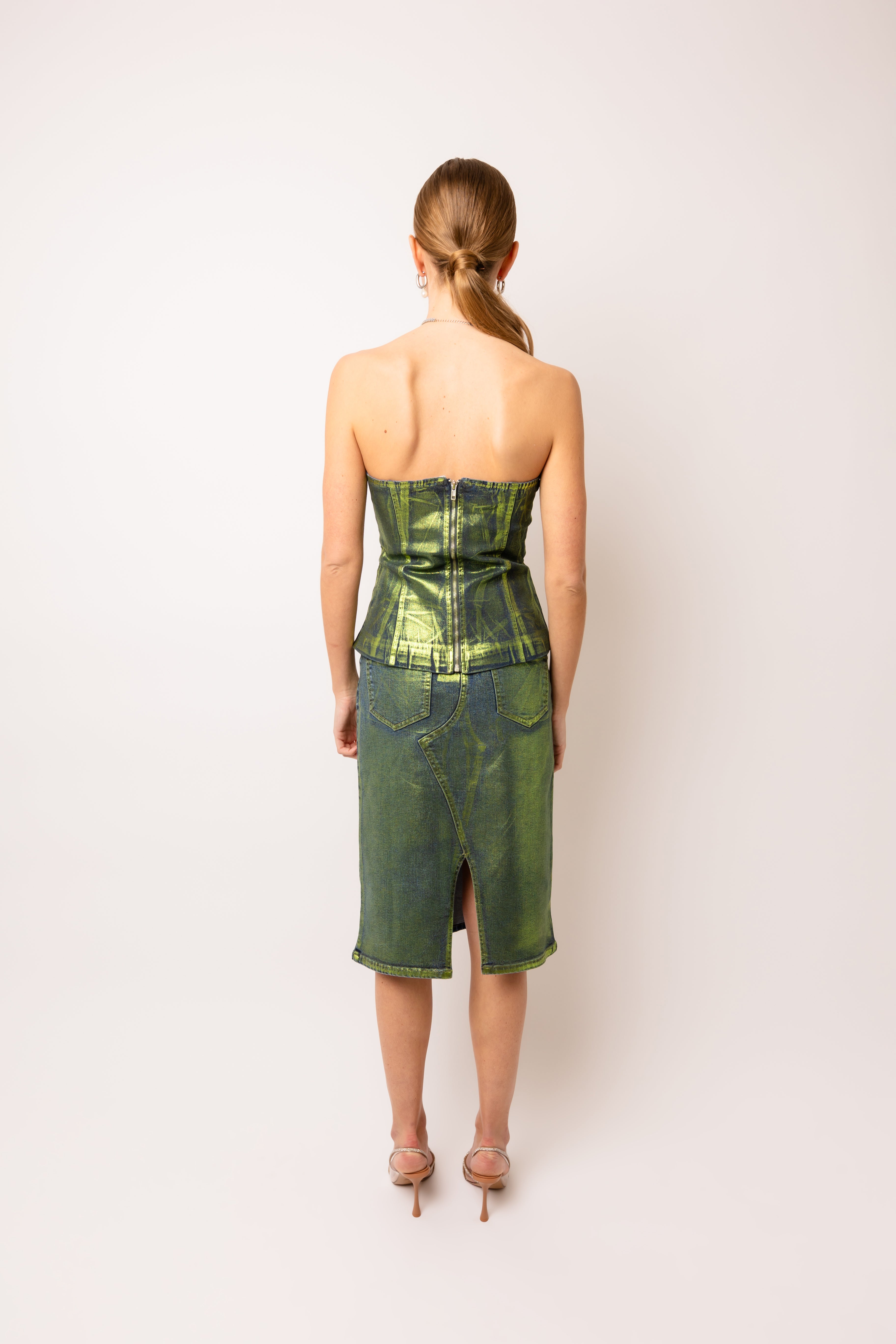 Johanna Rich Cotton Green Denim Foil Coated Top