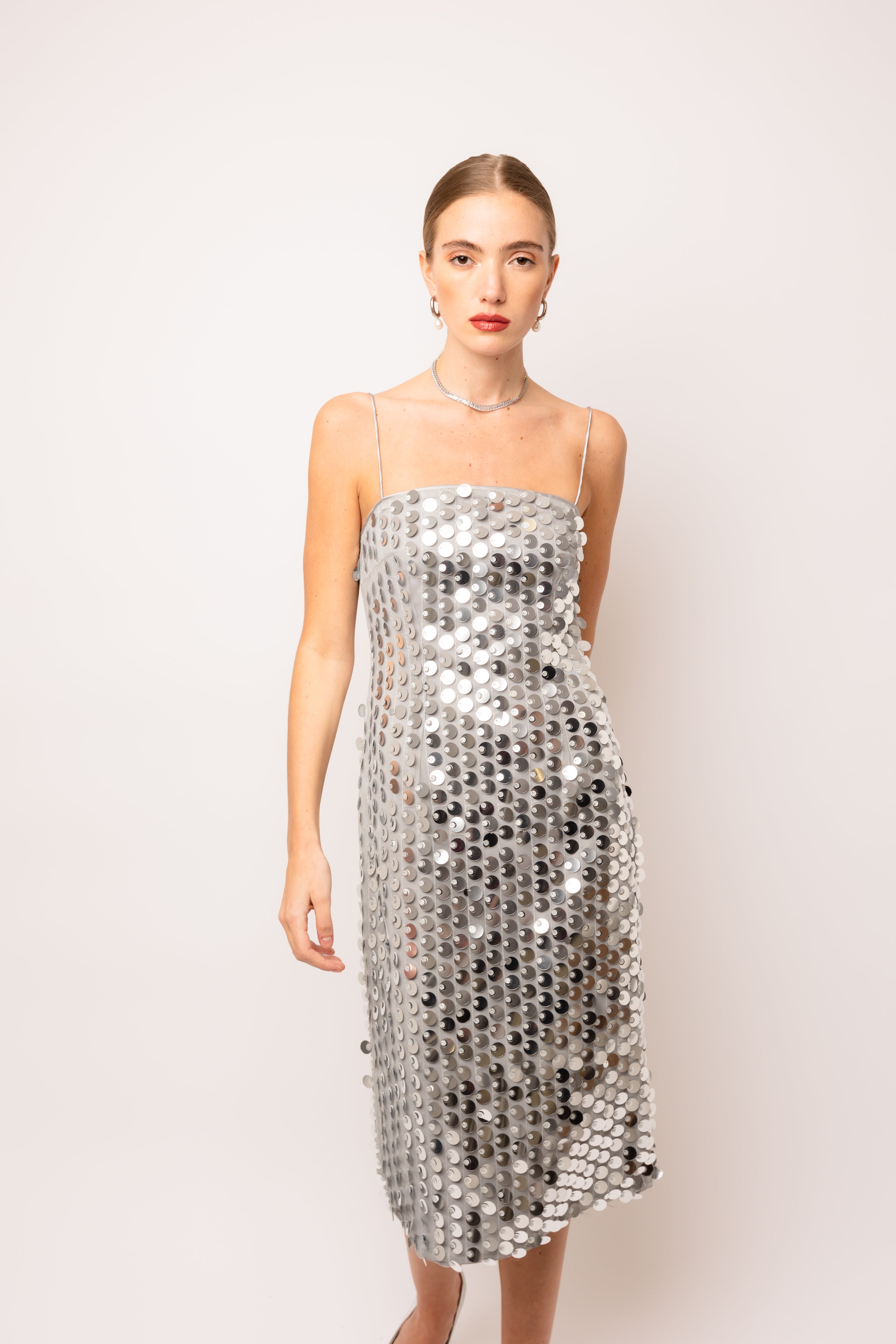 Farley Silver Disc Sequin Midi Dress