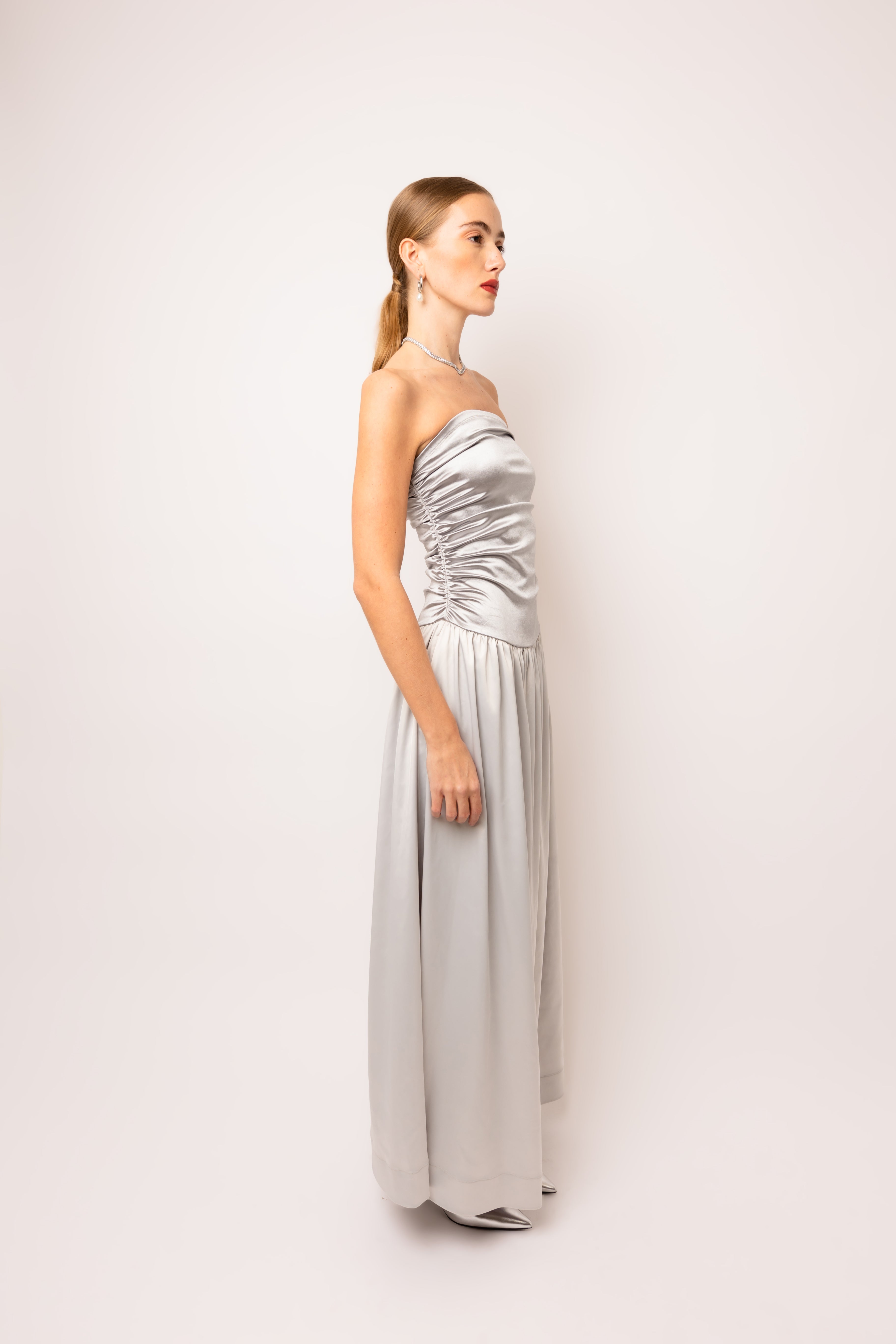 Micha Silver Satin Maxi Dress