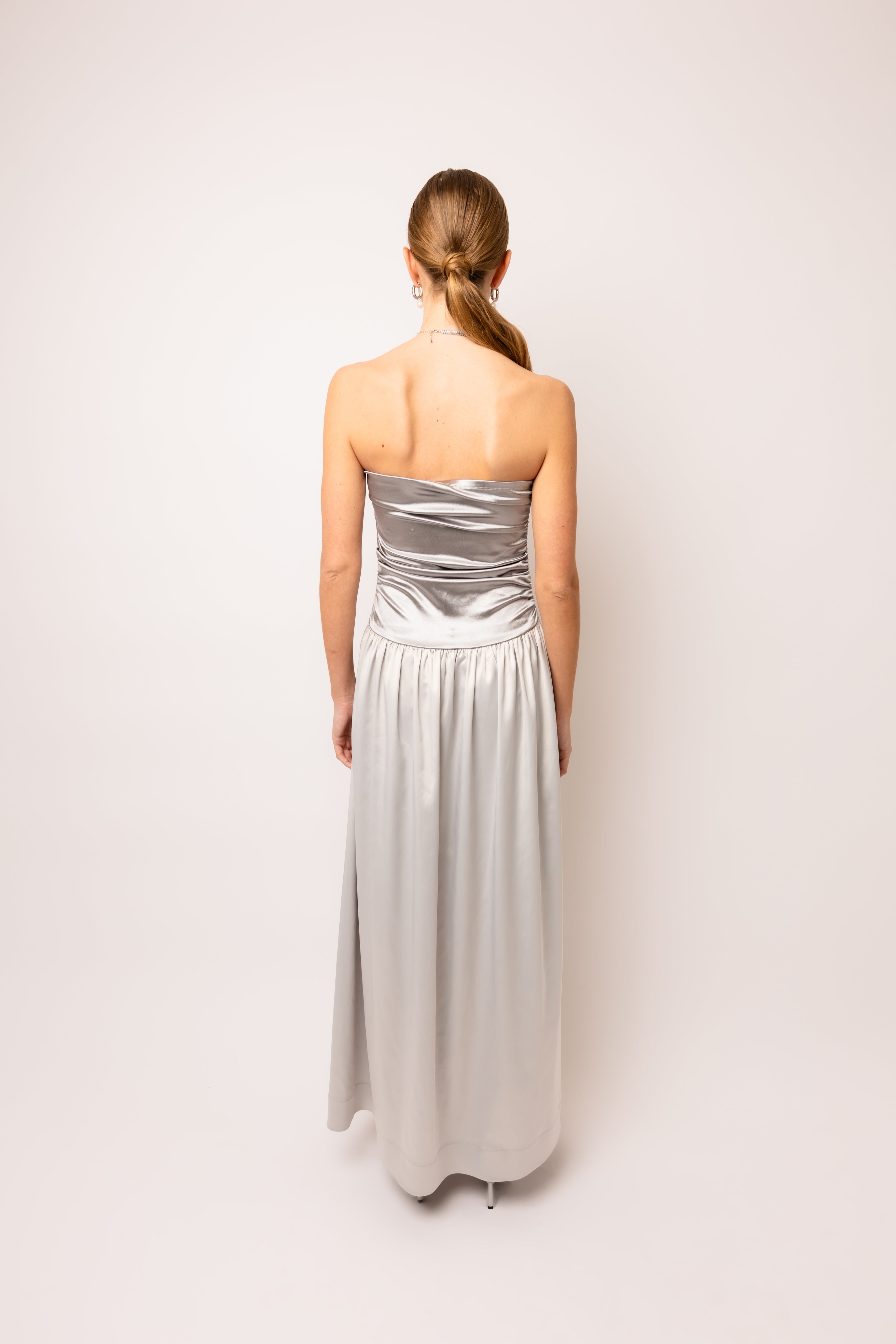 Micha Silver Satin Maxi Dress