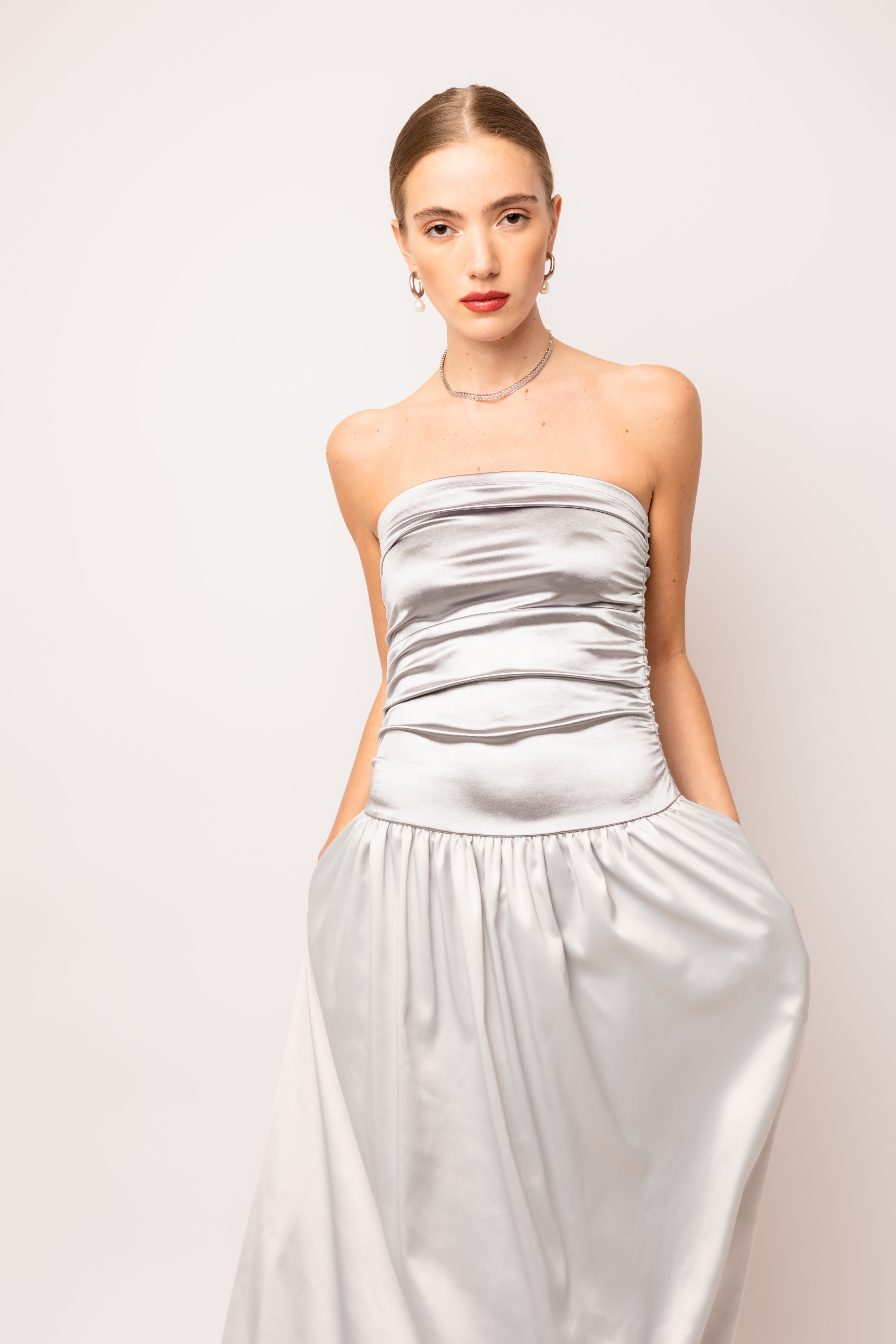 Micha Silver Satin Maxi Dress