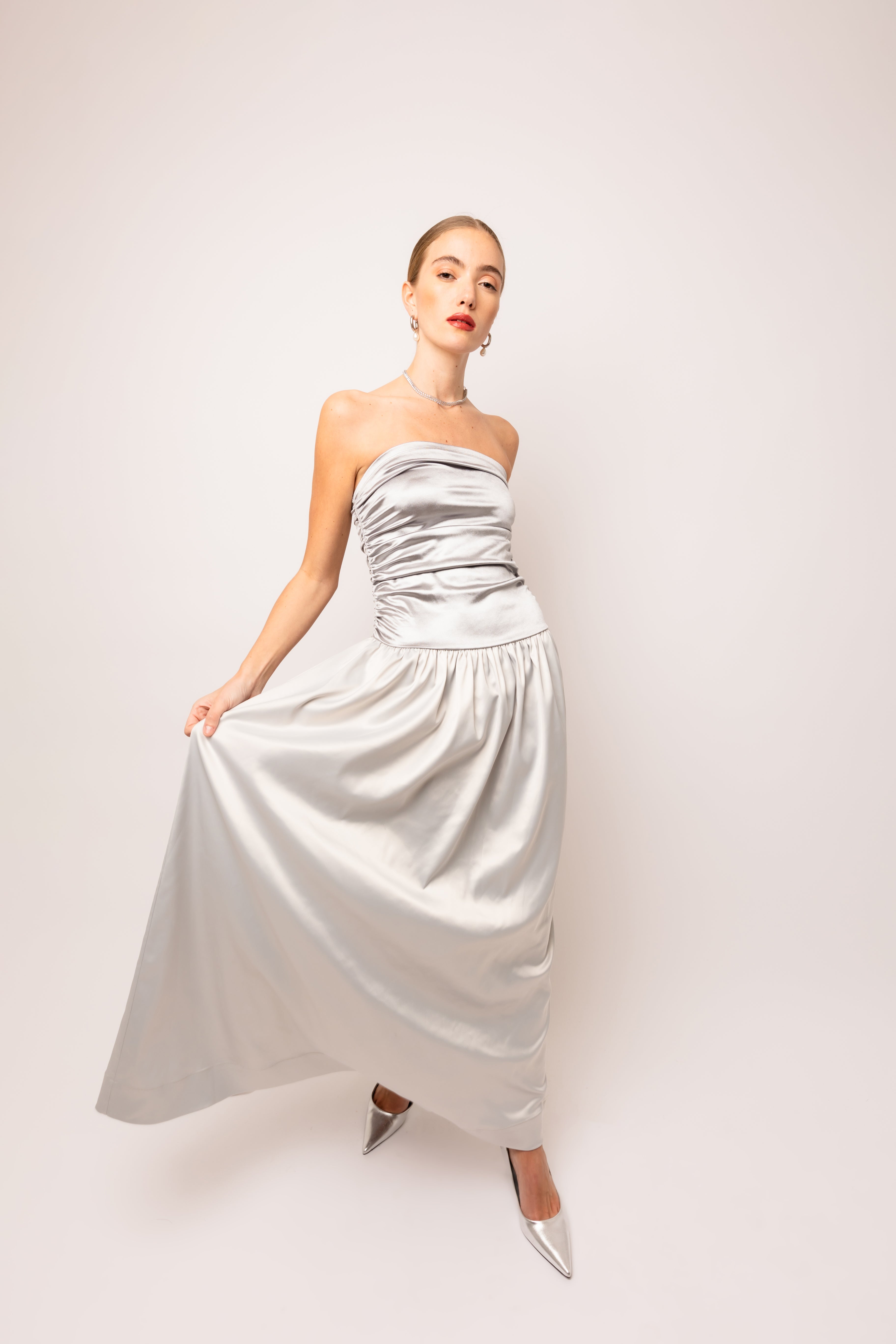 Micha Silver Satin Maxi Dress