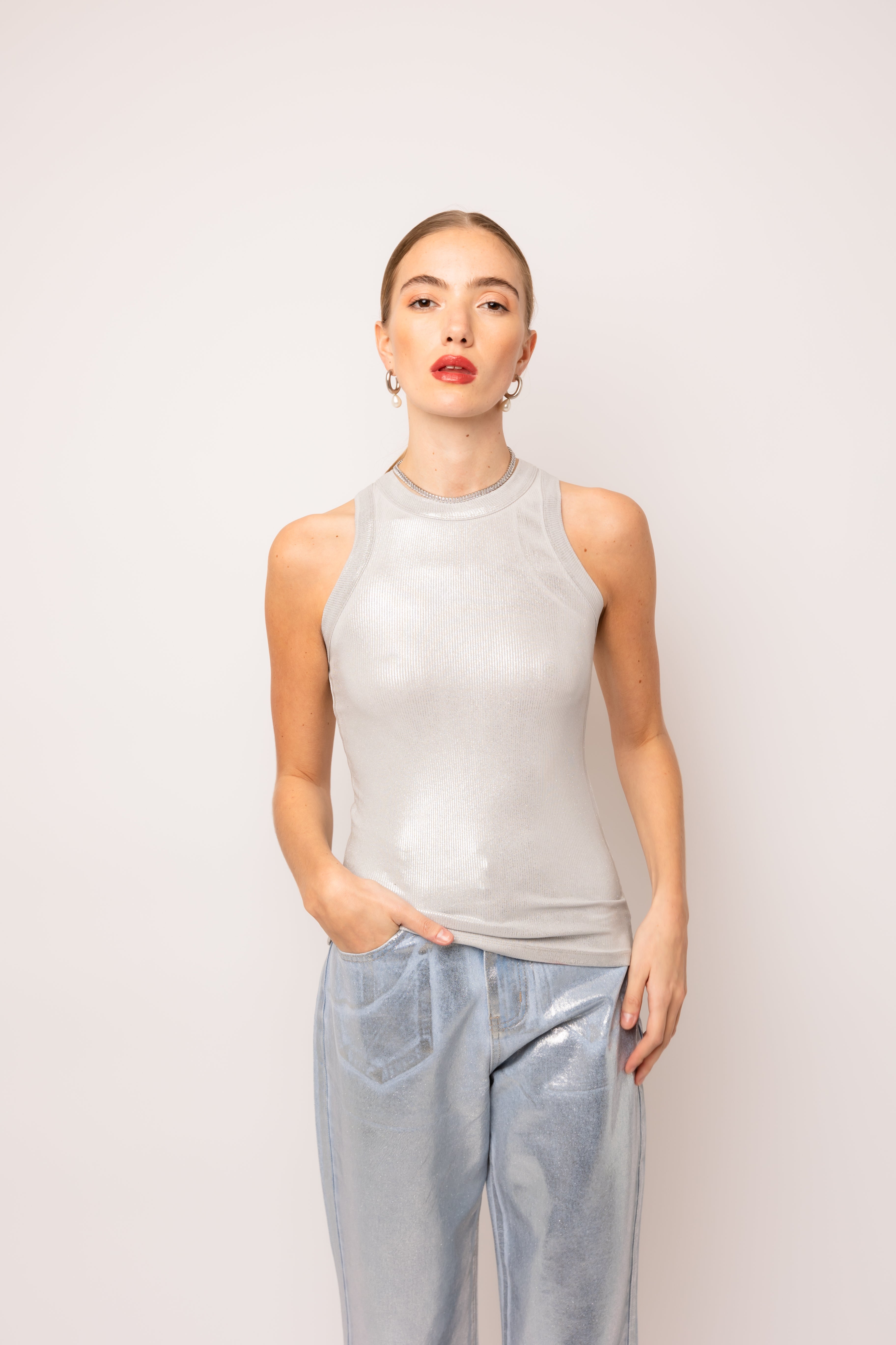 Lulu Silver Metallic Racer Top