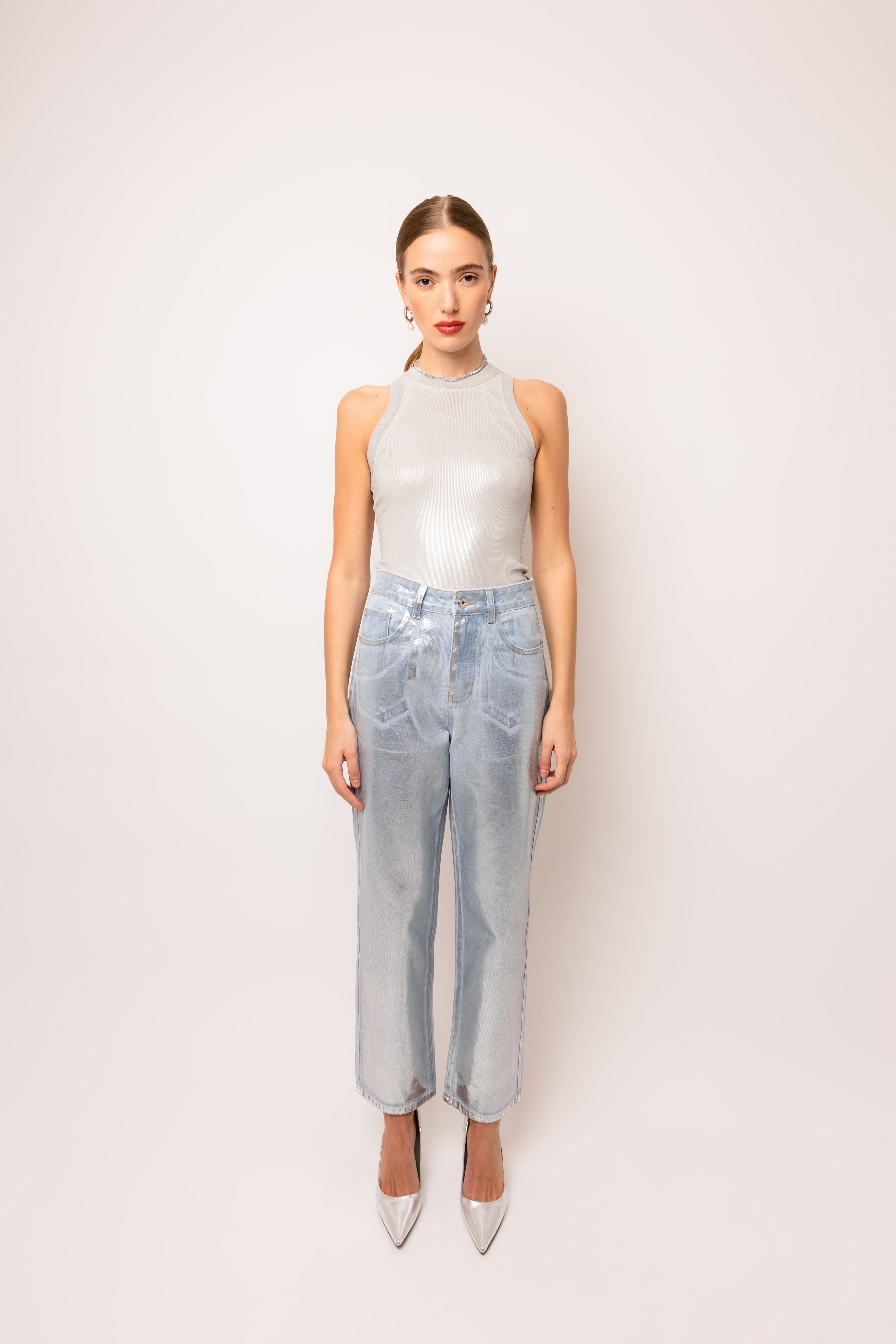 Lupe Rich Cotton Silver Denim Coated Trousers