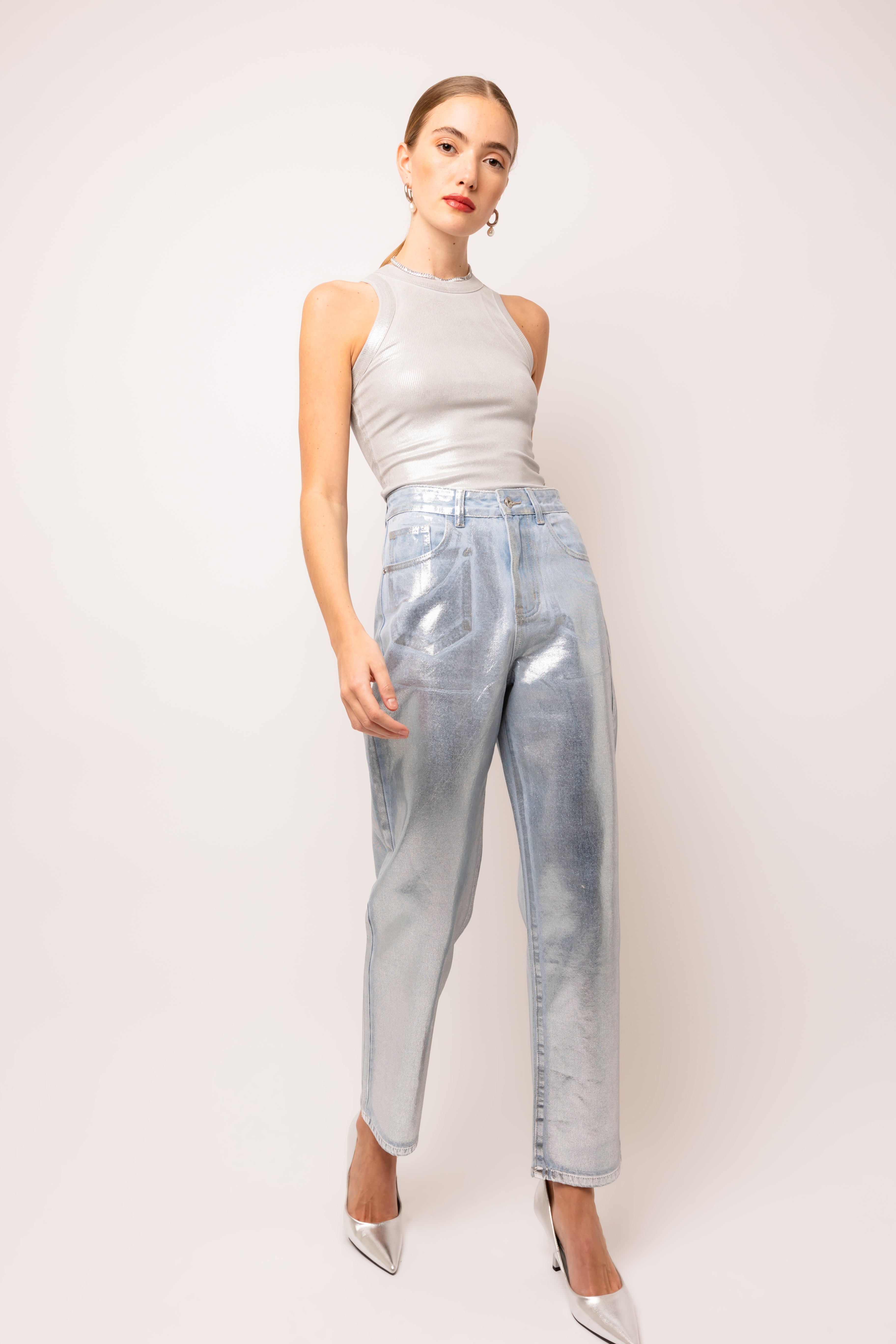 Lupe Rich Cotton Silver Denim Coated Trousers