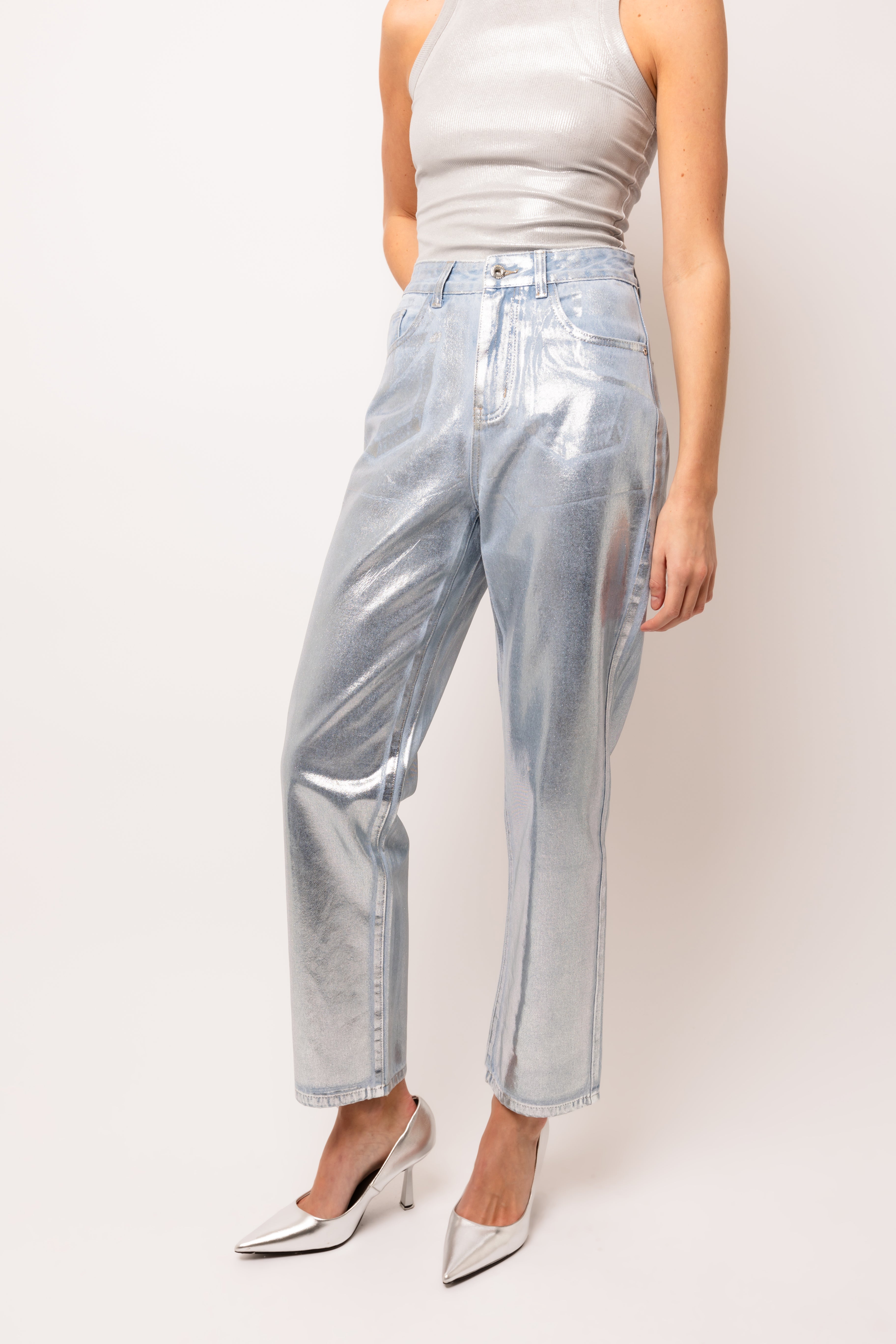 Lupe Rich Cotton Silver Denim Coated Trousers