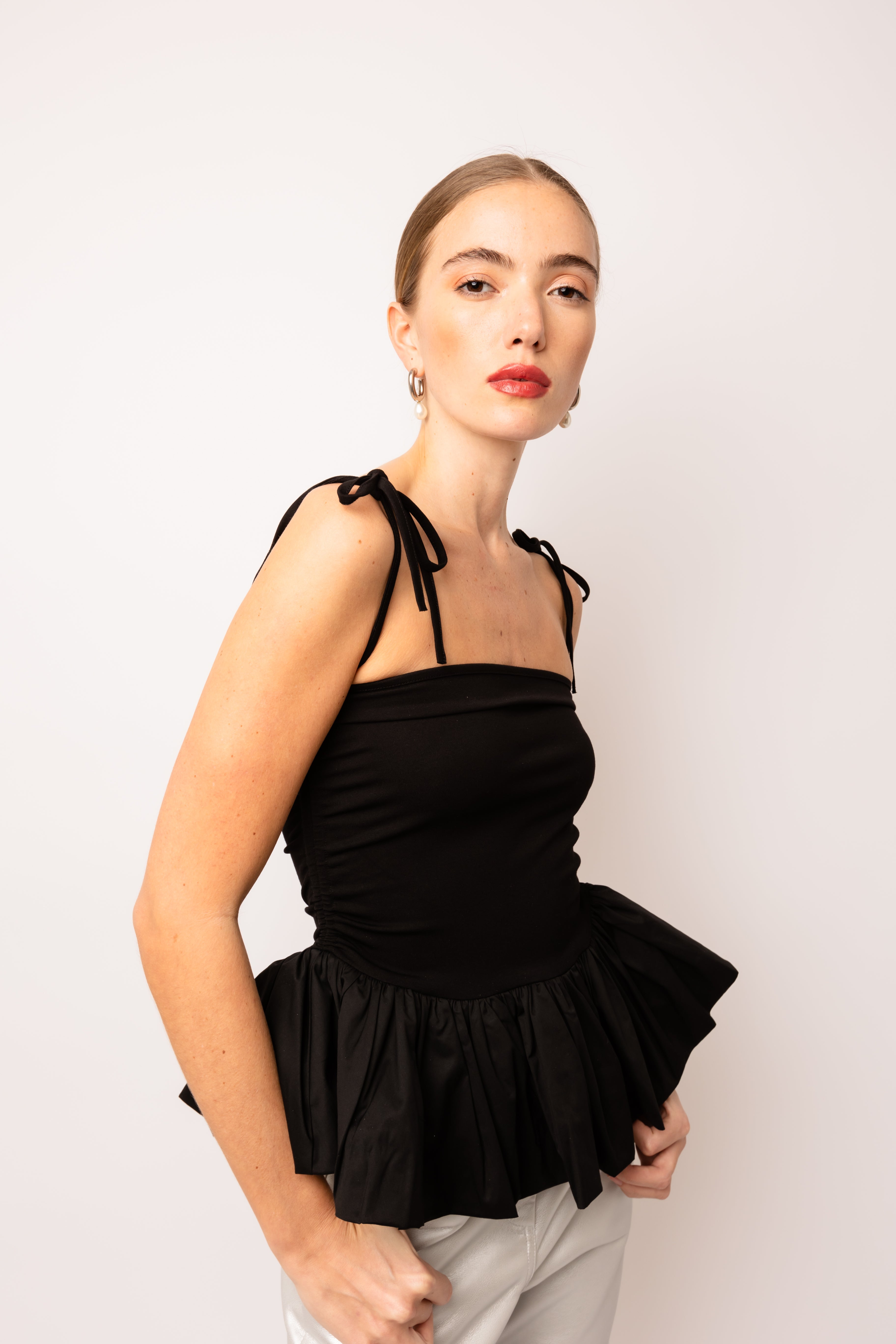 Alexa Rich Cotton Black Puffball Ruffle Top