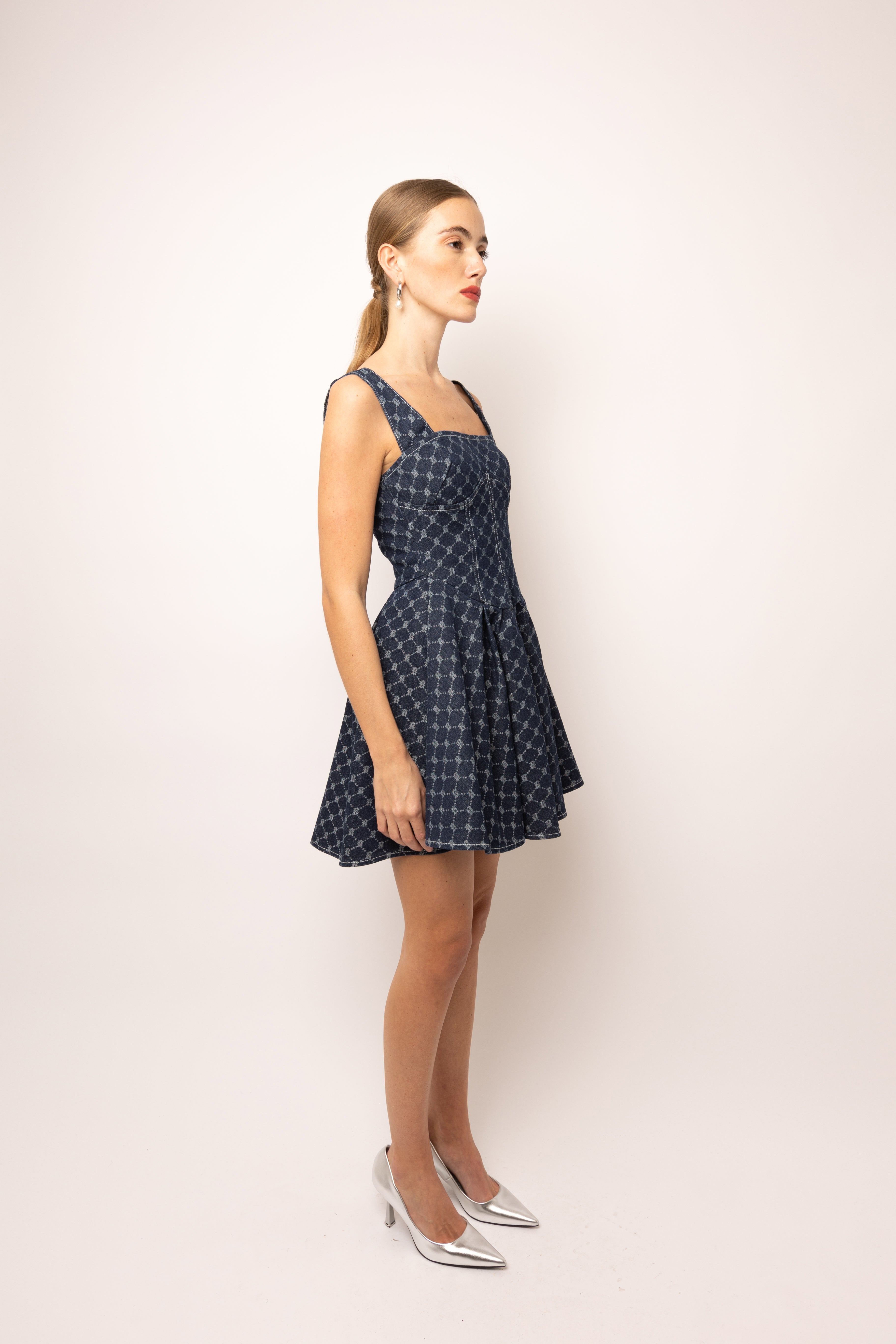Remi Geo-Print Denim Mini Dress with Pleated Skater Skirt | AMYLYNN