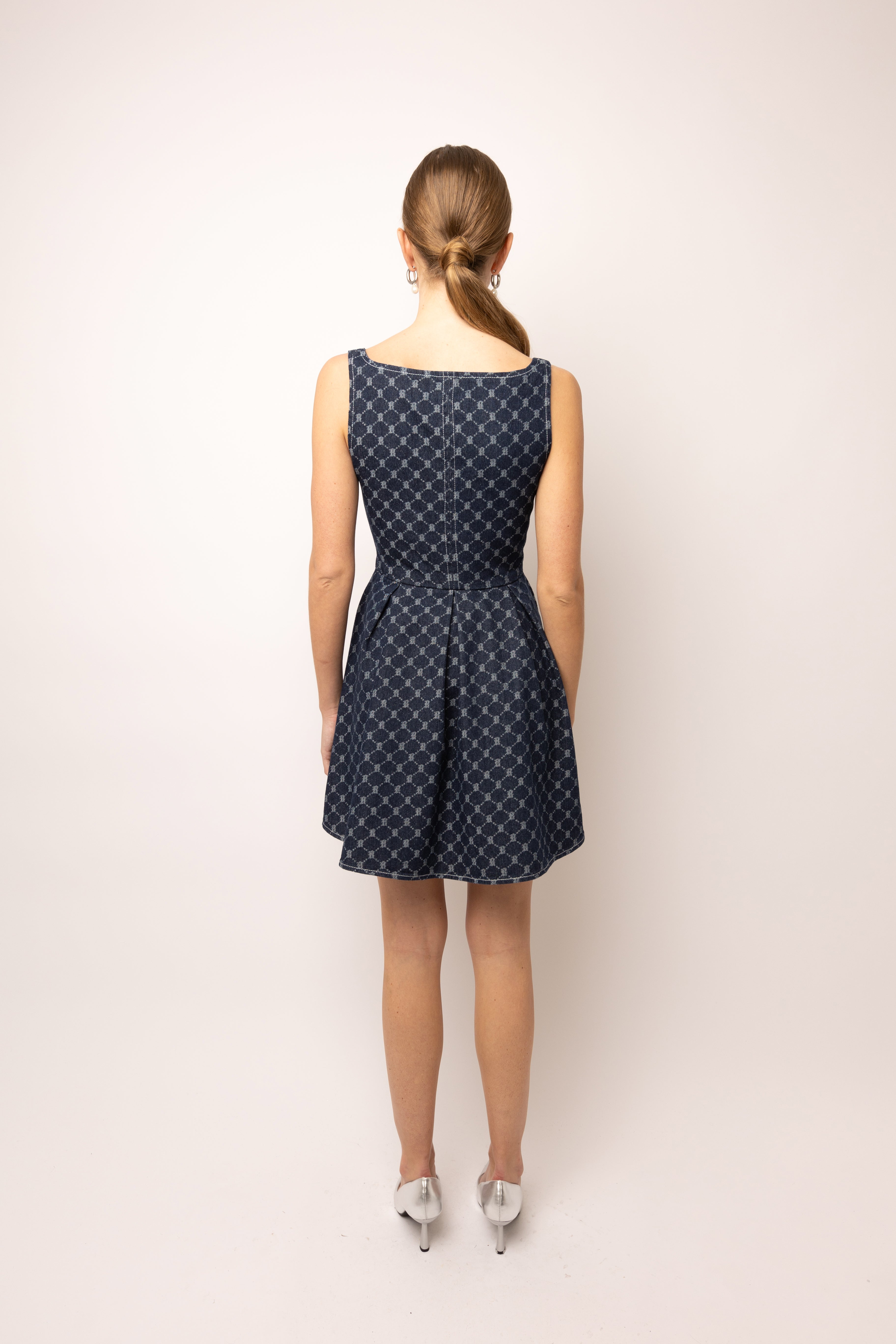 Remi Geo-Print Denim Mini Dress with Pleated Skater Skirt | AMYLYNN