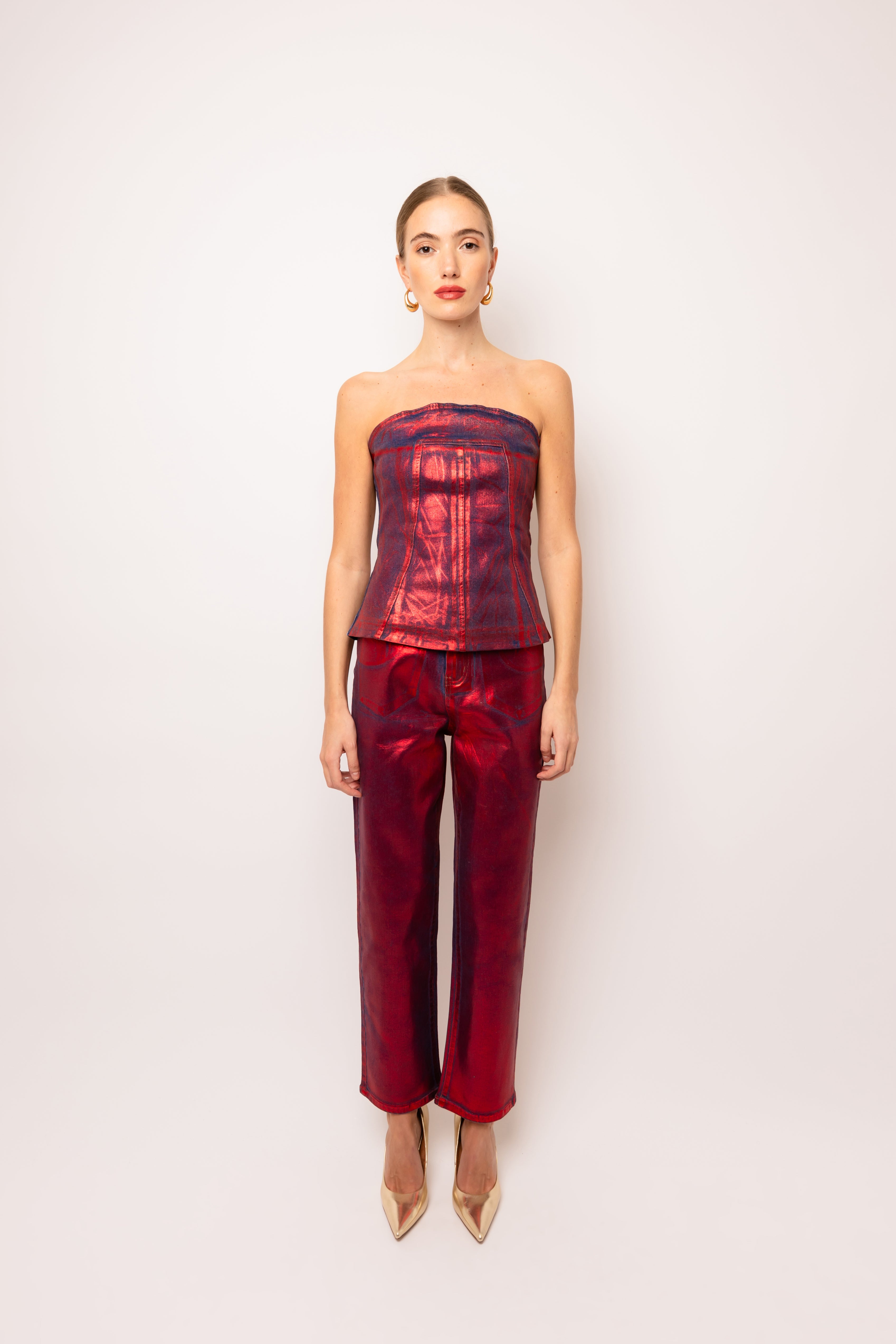 Johanna Rich Cotton Red Denim Foil Coated Top