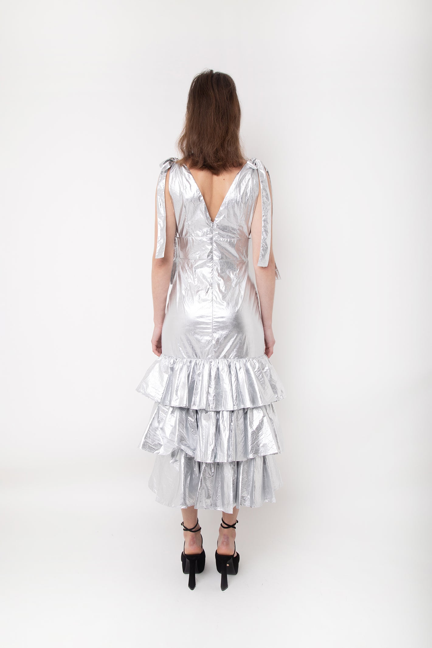 Zsa Zsa Silver Metallic Ruffle Trim Maxi Dress | AmyLynn