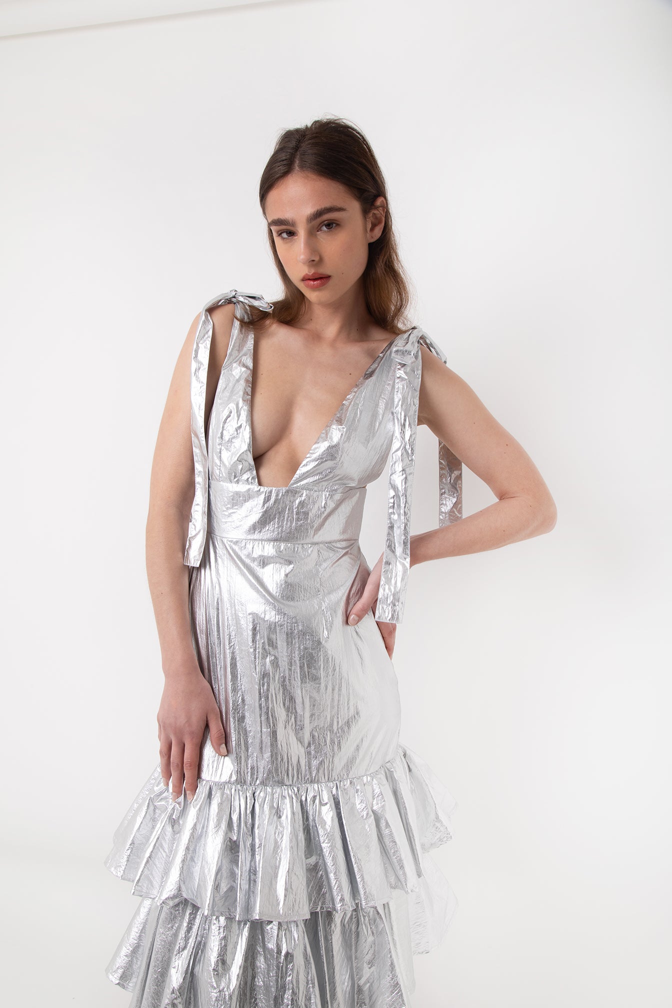 Zsa Zsa Silver Metallic Ruffle Trim Maxi Dress | AmyLynn