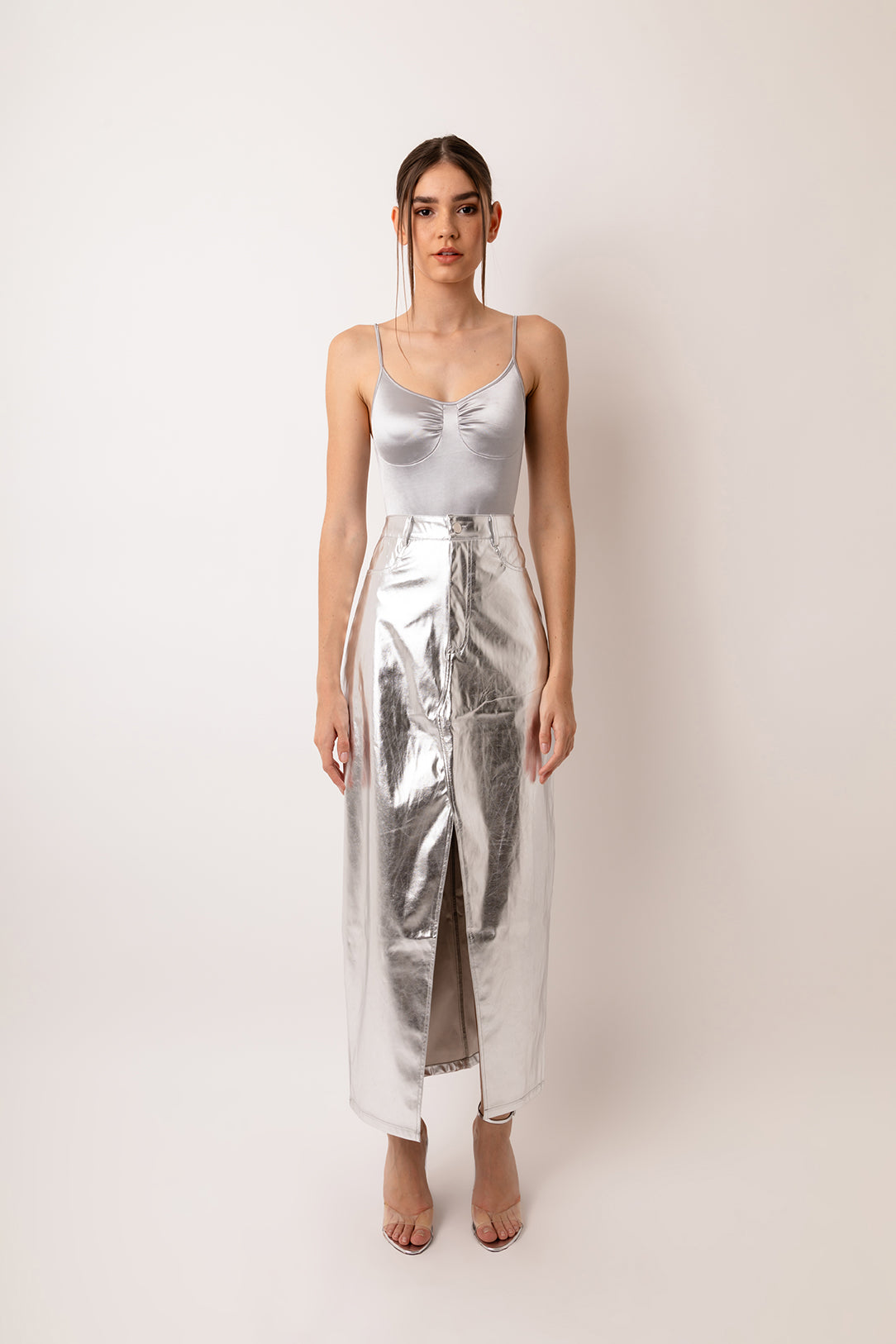 Lupe Silver Metallic Leather Maxi Skirt