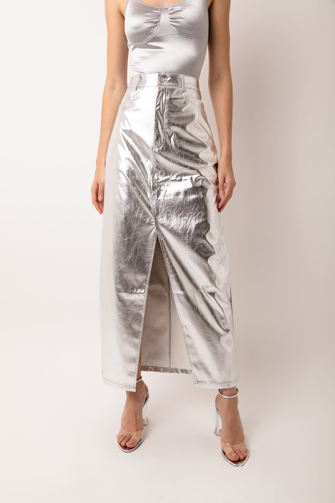 Lupe Silver Metallic Leather Maxi Skirt