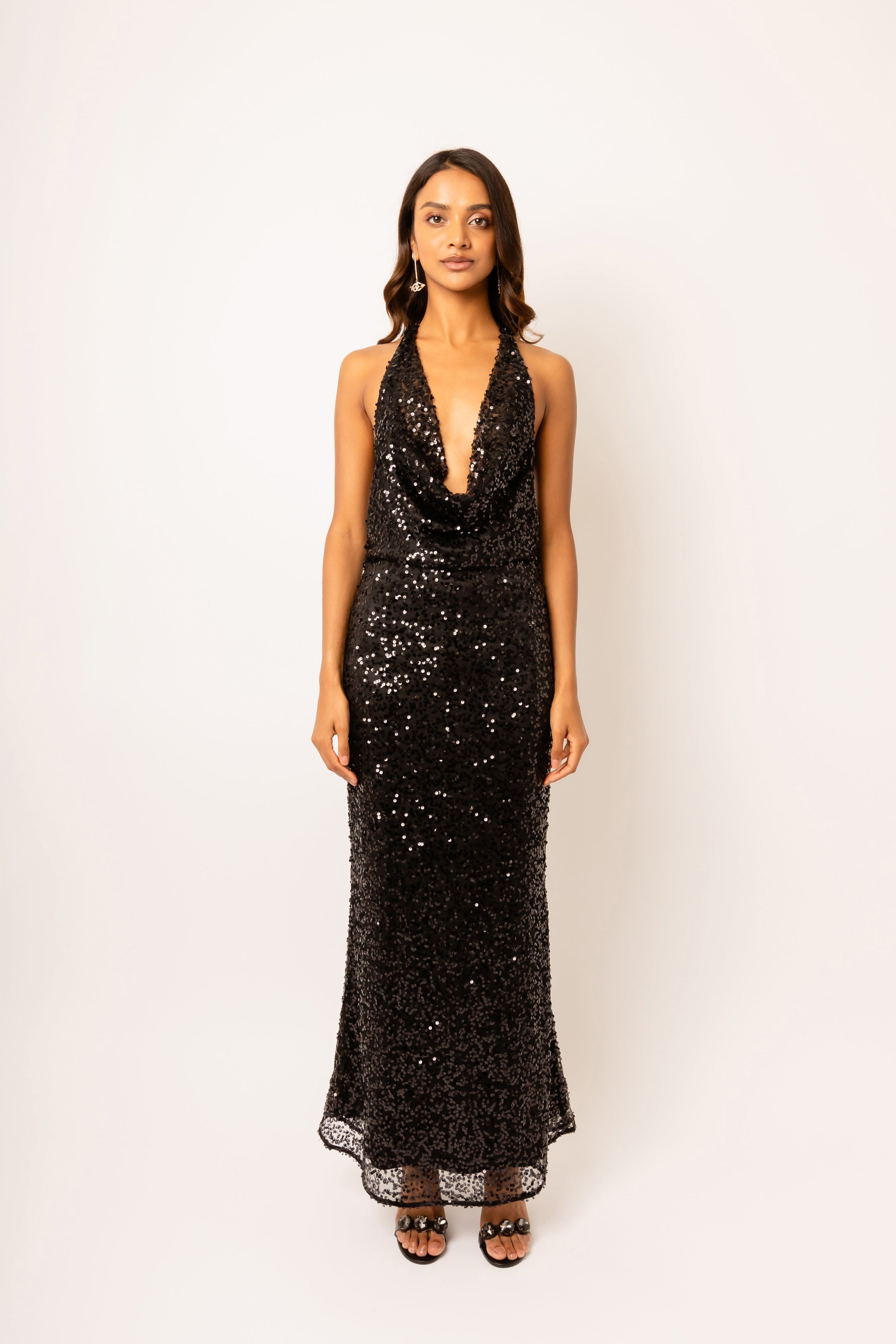 Rio Black Halter-neck Embellished Maxi Dress