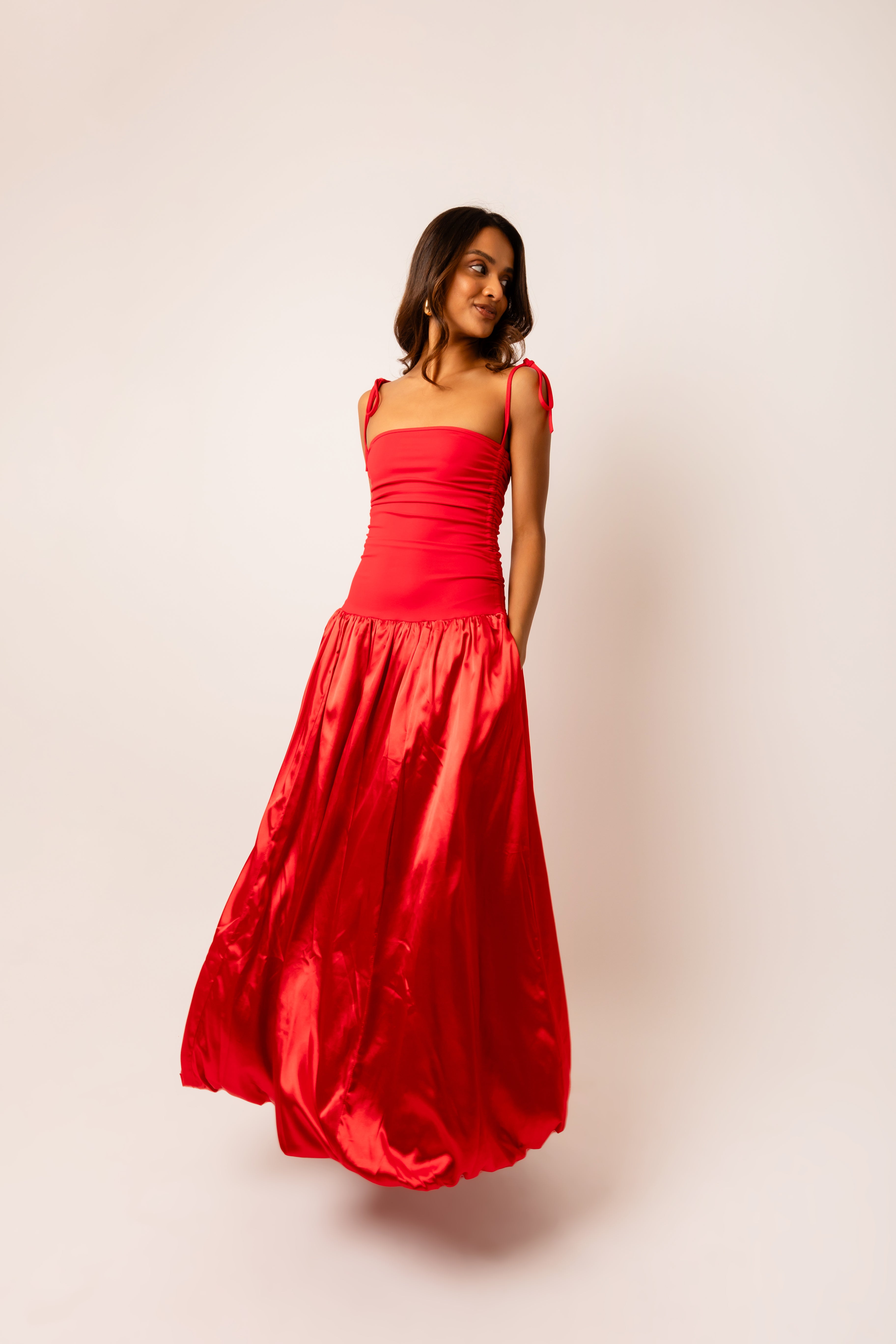Alexa Red Drop Waist Dress with Satin Puffball Skirt | AMYLYNN