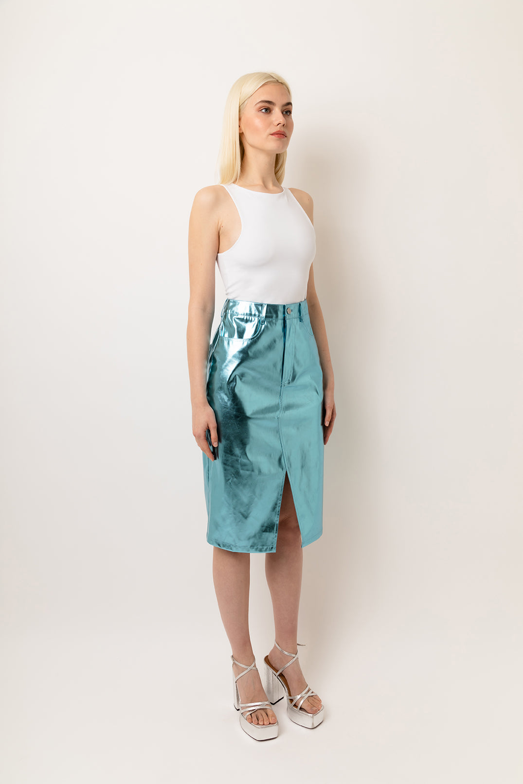 Lupe Shiny Ice Blue High Waisted Metallic Faux Leather Pencil Midi Skirt