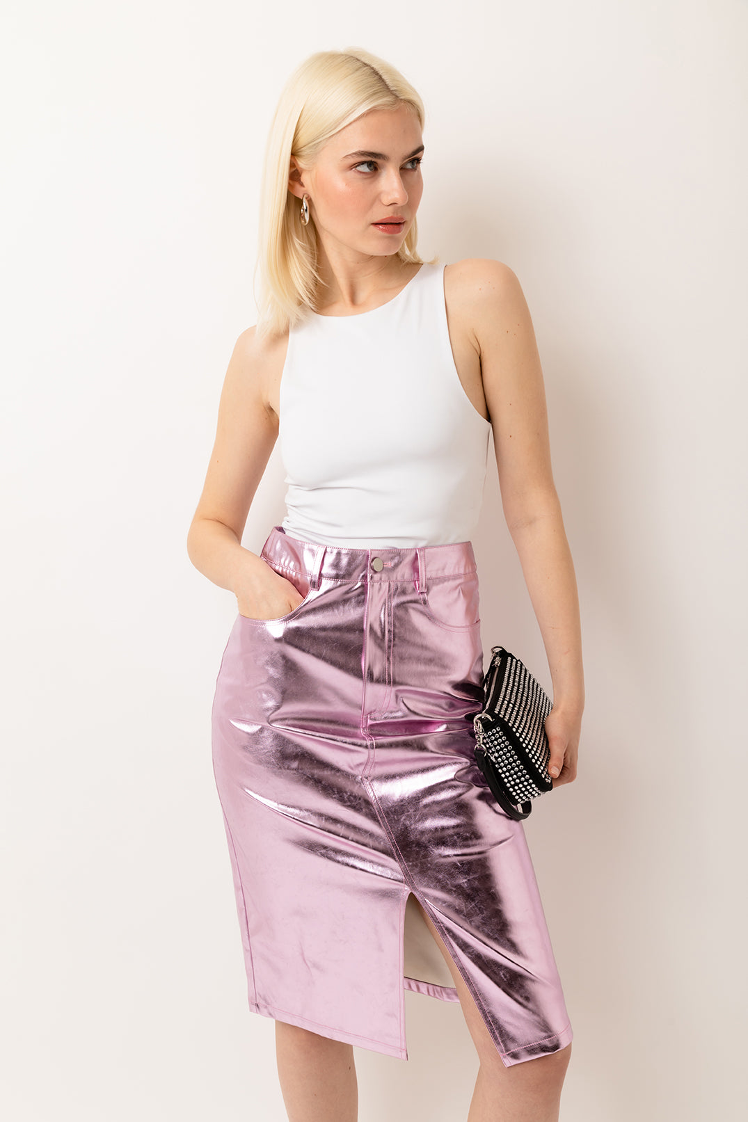 Lupe Shiny Ice Pink High Waisted Metallic Faux Leather Pencil Midi Skirt