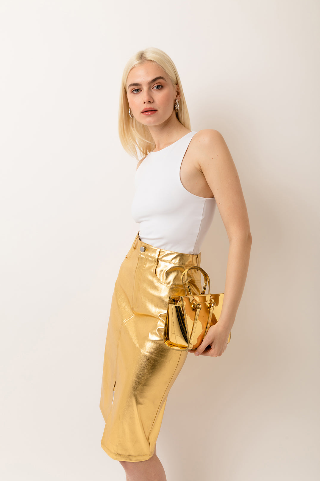 Lupe Shiny Gold High Waisted Metallic Faux Leather Pencil Midi Skirt