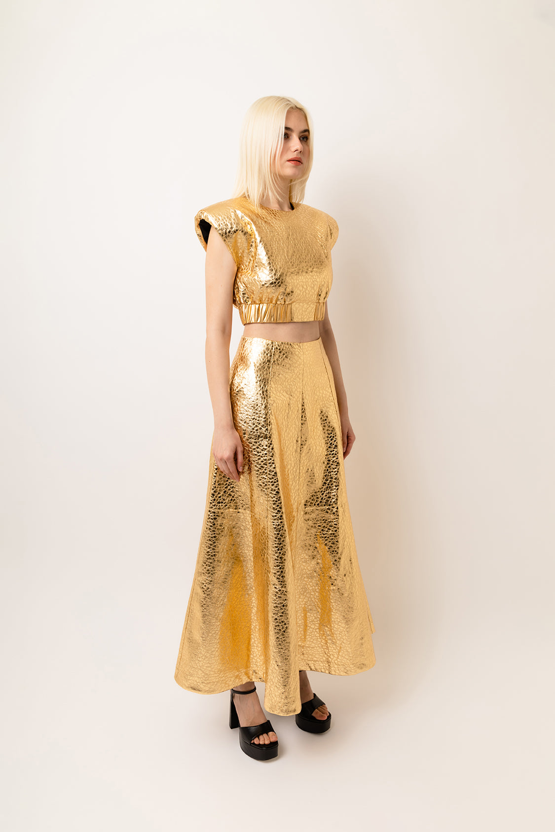 Phoebe Gold High Waist Leather Metallic Maxi Skirt | AmyLynn