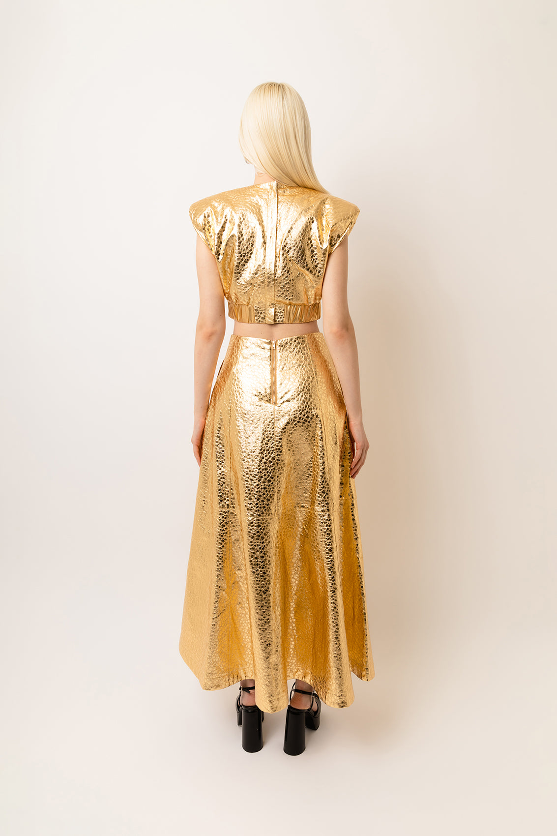 Phoebe Gold High Waist Leather Metallic Maxi Skirt | AmyLynn