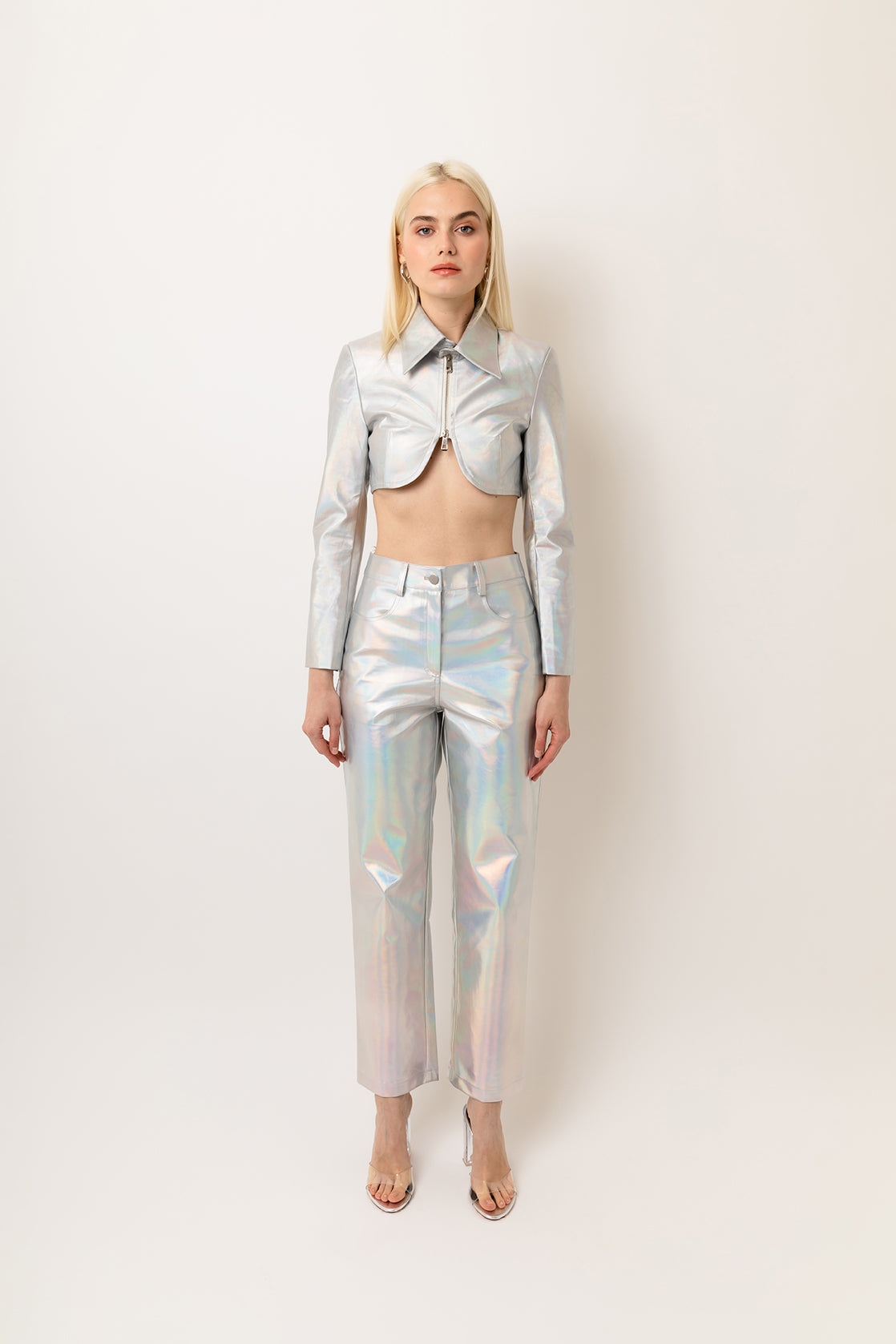 Space Holographic Metallic Vegan Leather Trousers | AMYLYNN