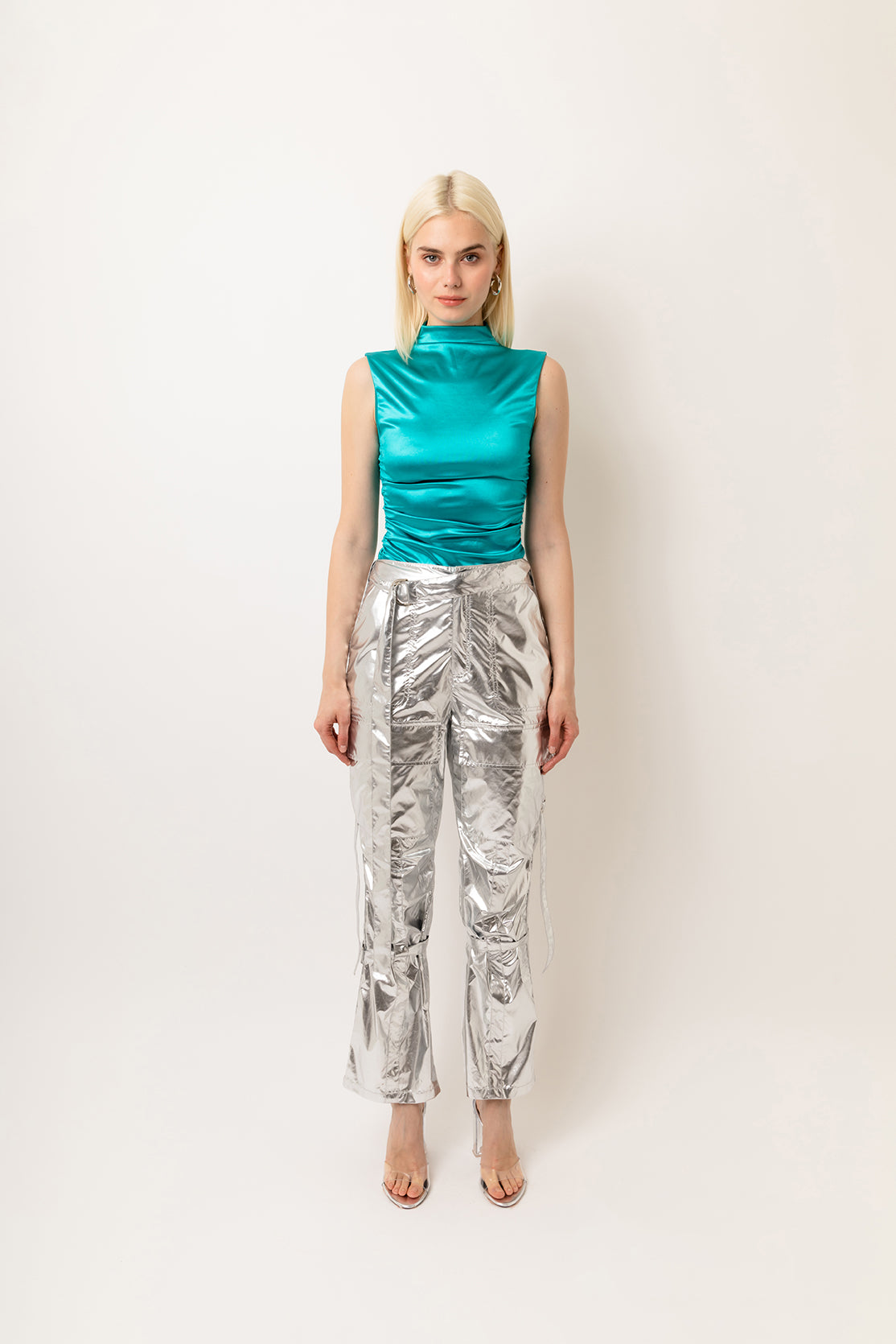 Y2K Silver Metallic High Waist Cargo Trousers | AMYLYNN