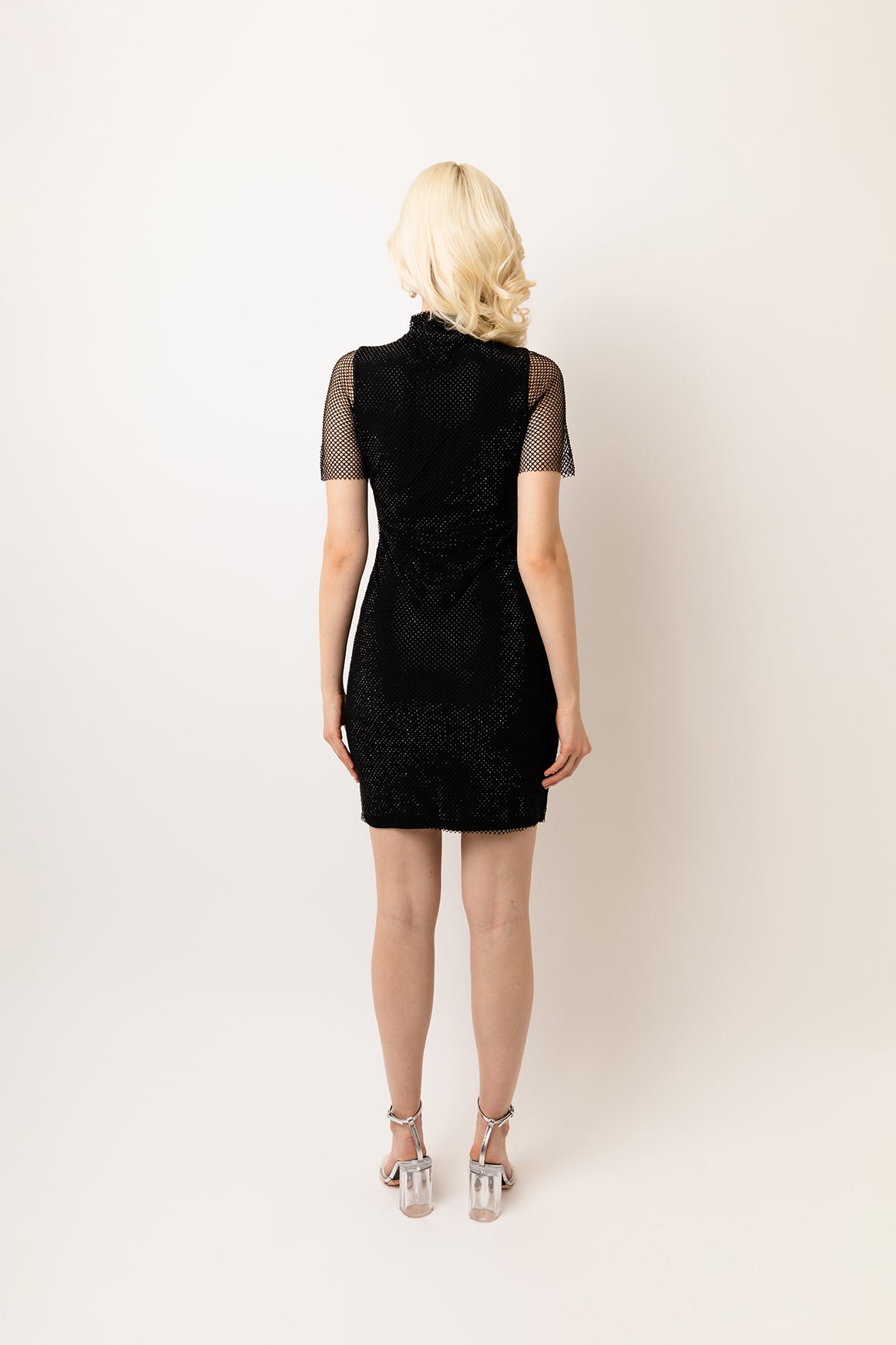 Mila Black Jewel Embellished High-Neck Mini Dress with Short Sleeves | AMYLYNN
