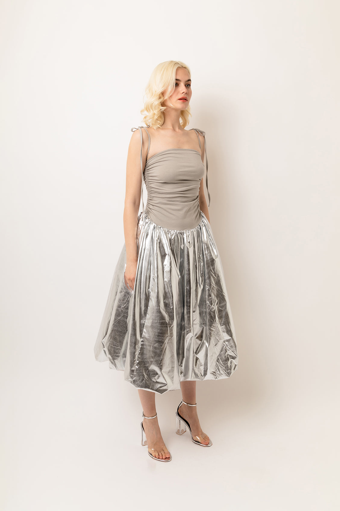 Alexa Silver Metallic Puffball Skirt Midi Dress