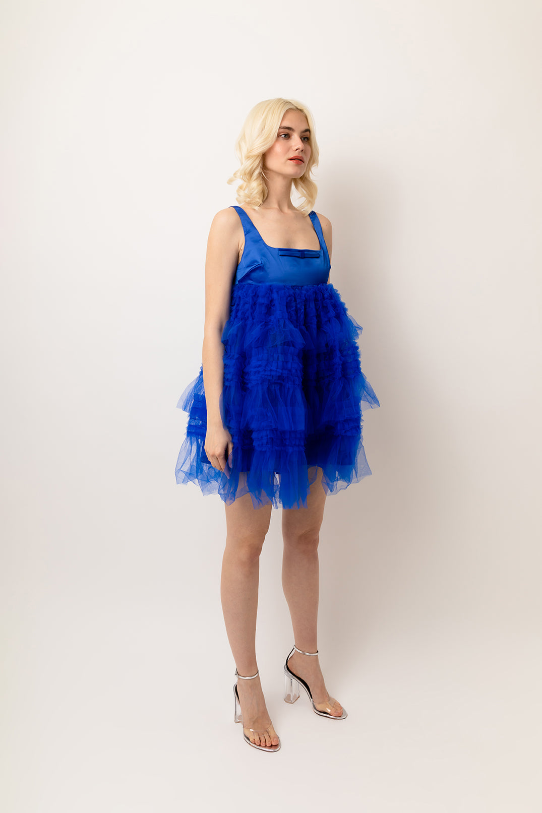 Bobby Blue Sleeveless Satin Tulle Frill Mesh Mini Dress