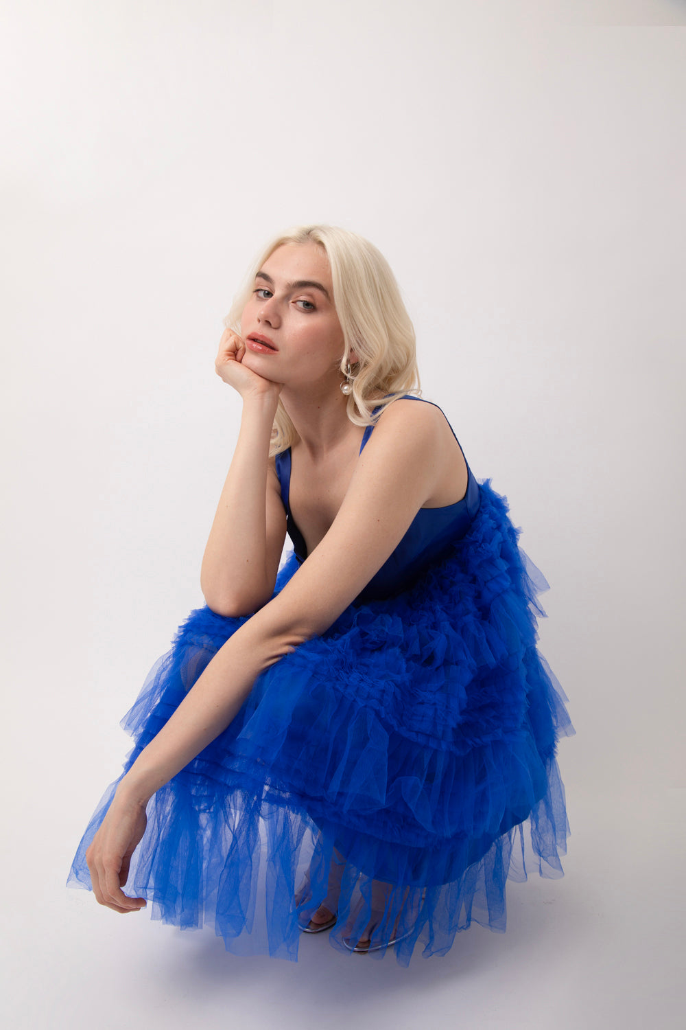 Bobby Blue Sleeveless Satin Tulle Frill Mesh Mini Dress