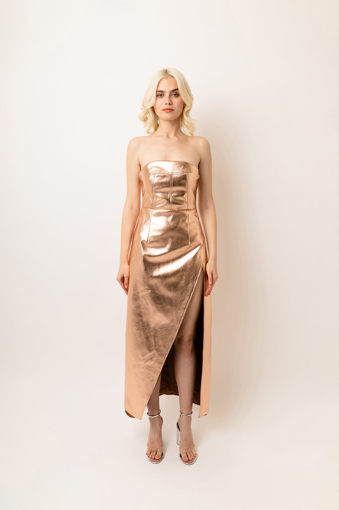 Gizelle Rose Gold Vegan Leather Metallic Strapless Maxi Dress | AmyLynn