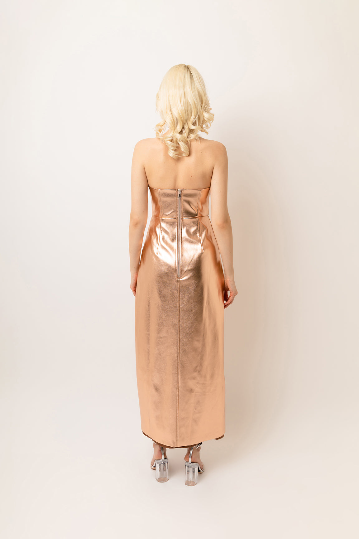 Gizelle Rose Gold Vegan Leather Metallic Strapless Maxi Dress | AmyLynn