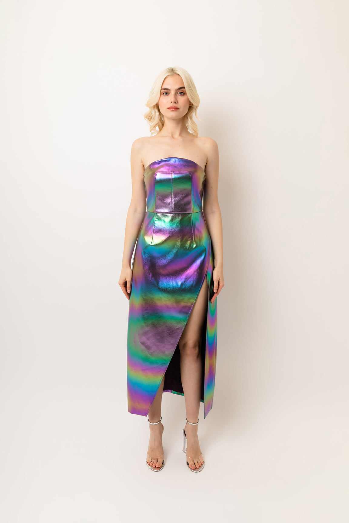 Gizelle Multi Metallic Strapless Vegan Leather Maxi Dress | AmyLynn