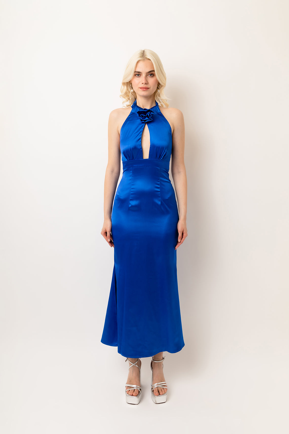 Rue Cobalt Blue Halter-neck Flower-appliqué Satin Maxi Dress | AmyLynn