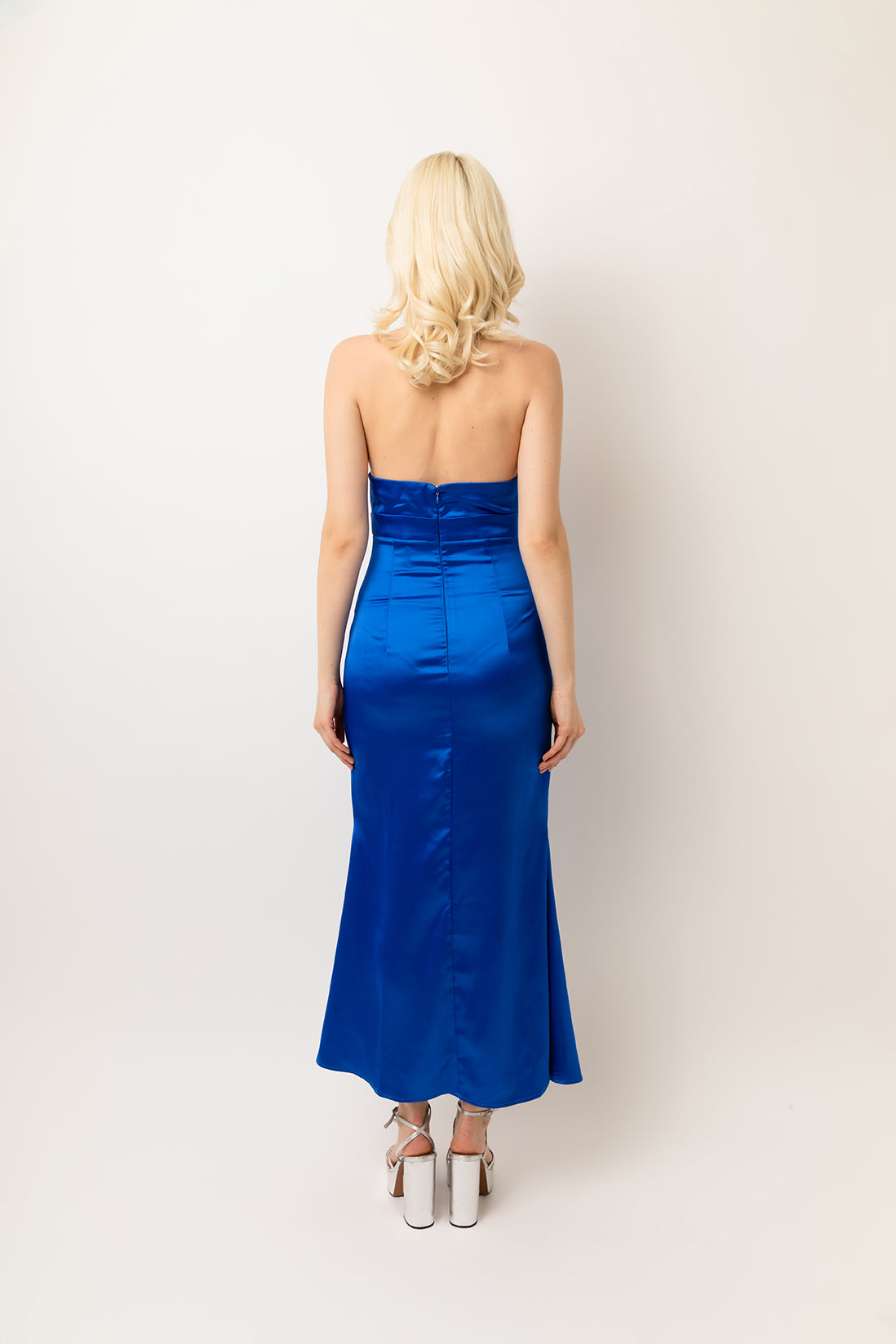 Rue Cobalt Blue Halter-neck Flower-appliqué Satin Maxi Dress | AmyLynn