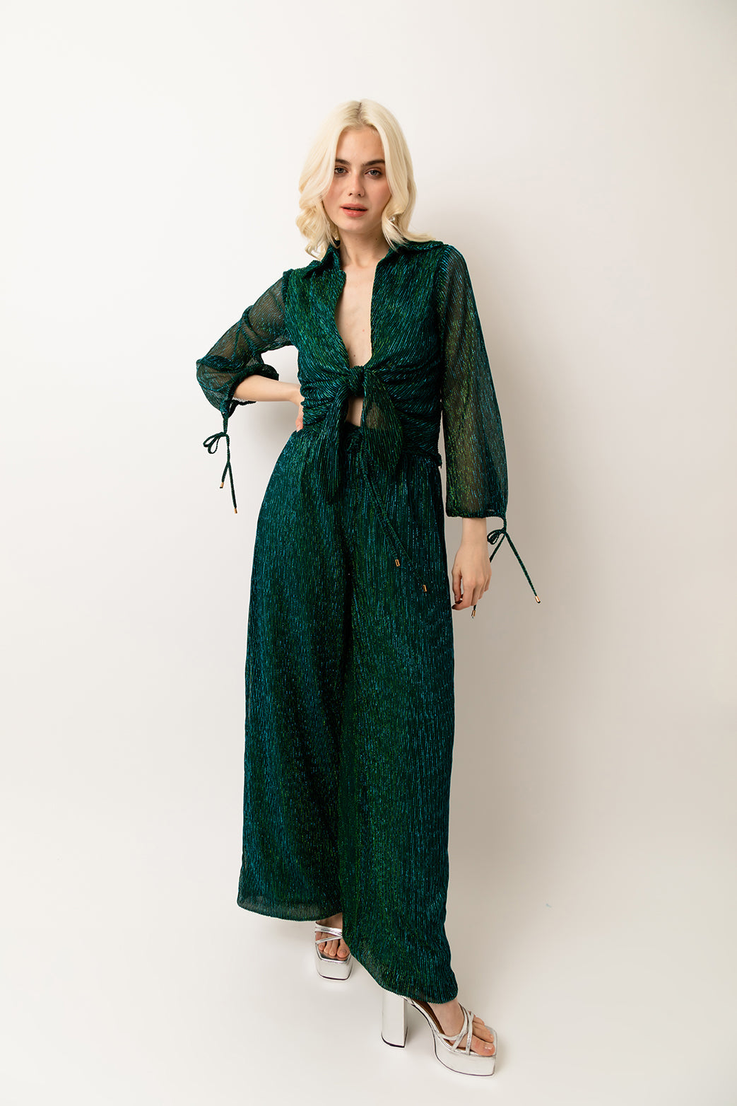 Ama Teal Green Metallic Plisse Wide Leg Loose-fit Trousers | AmyLynn