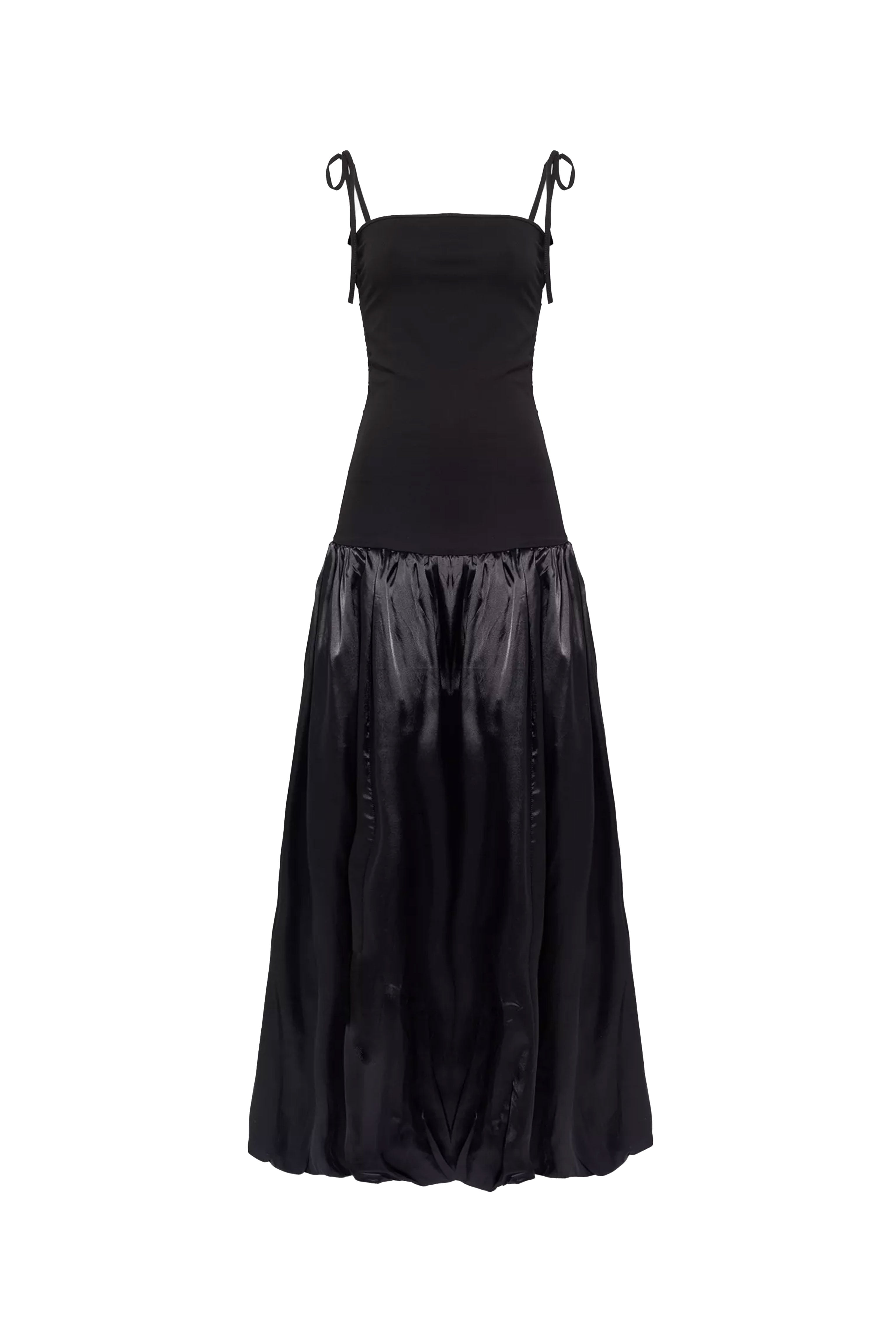 Alexa Rich Cotton Black Satin Puffball Maxi Dress