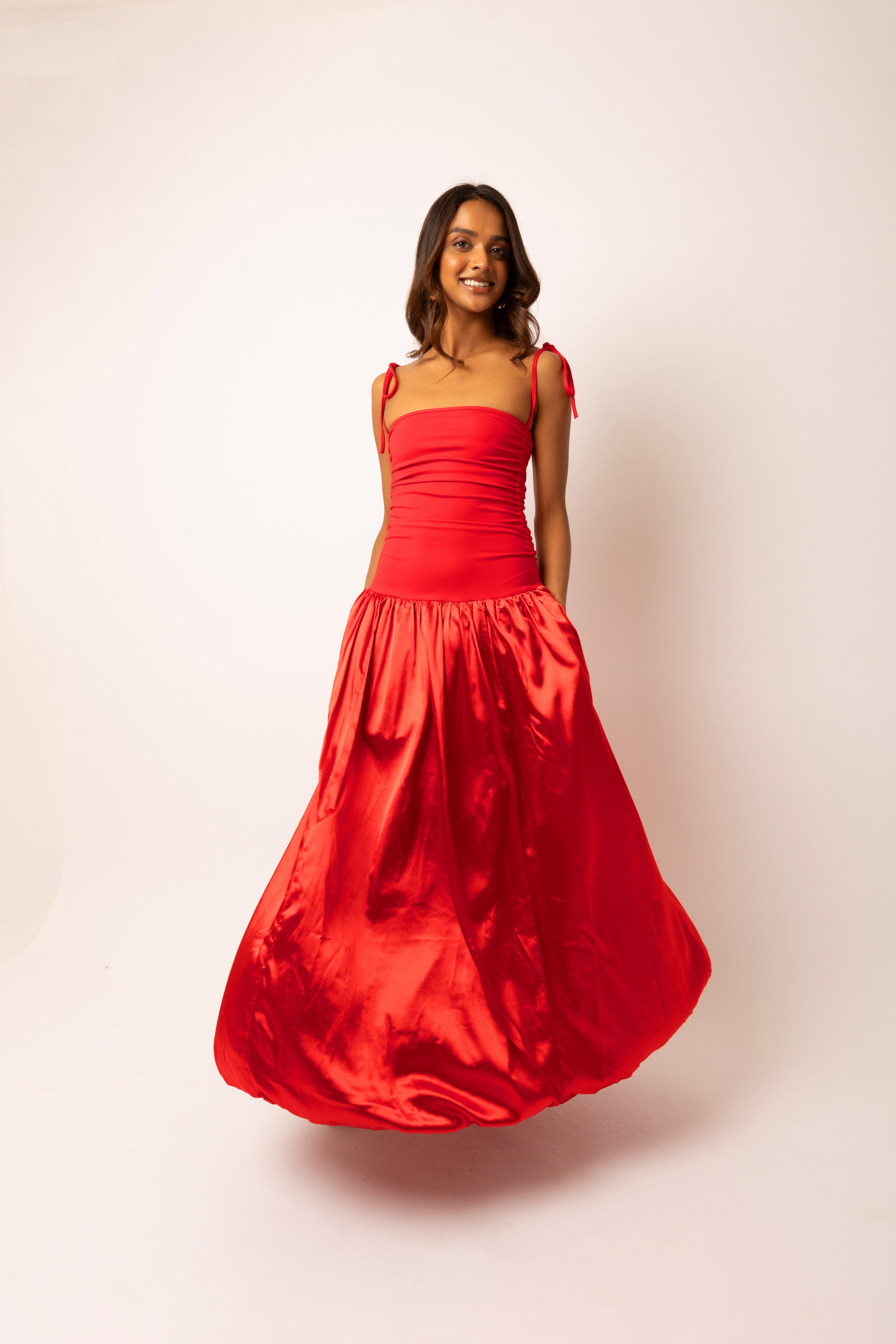 Alexa Red Drop Waist Dress with Satin Puffball Skirt | AMYLYNN