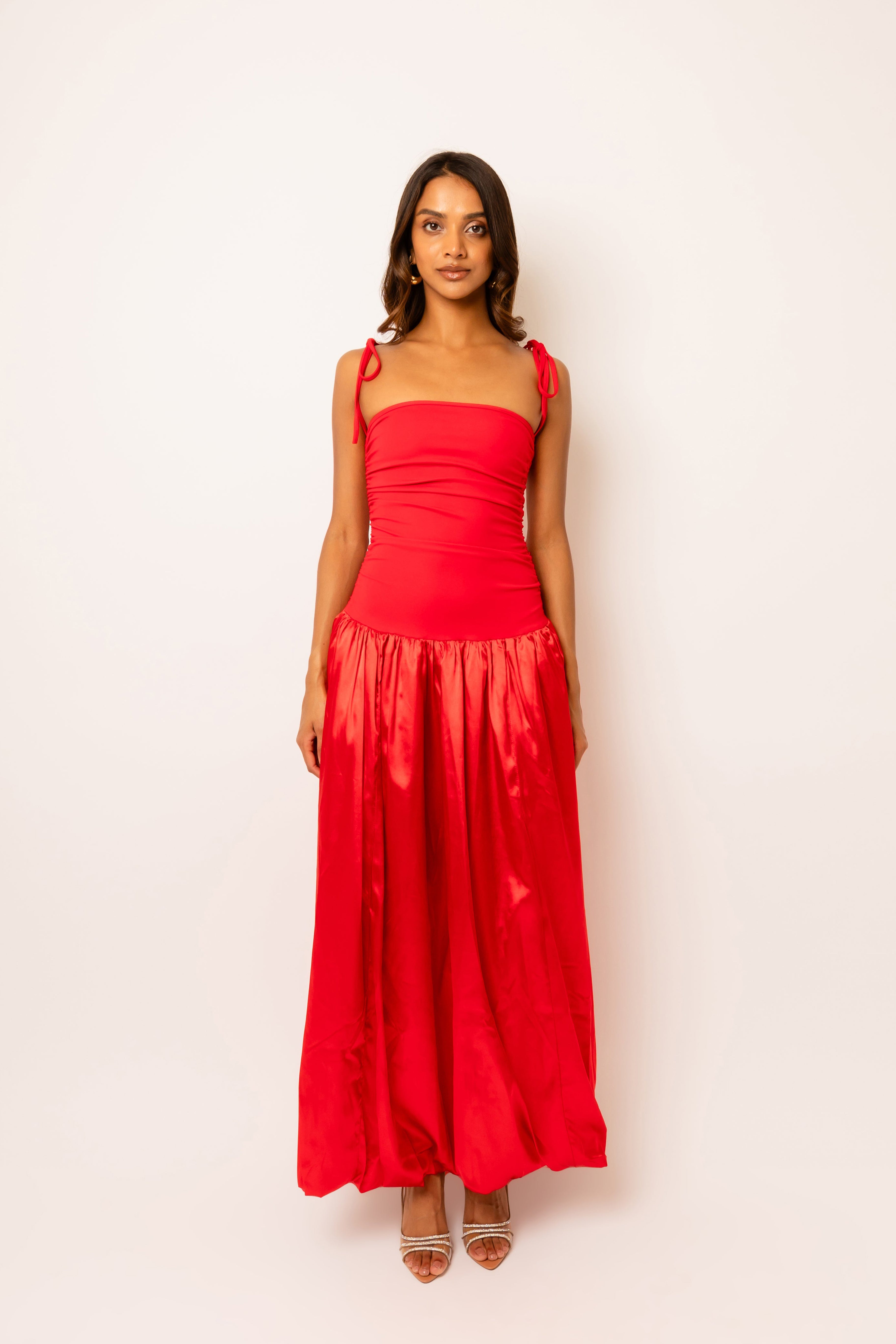 Alexa Red Drop Waist Dress with Satin Puffball Skirt | AMYLYNN
