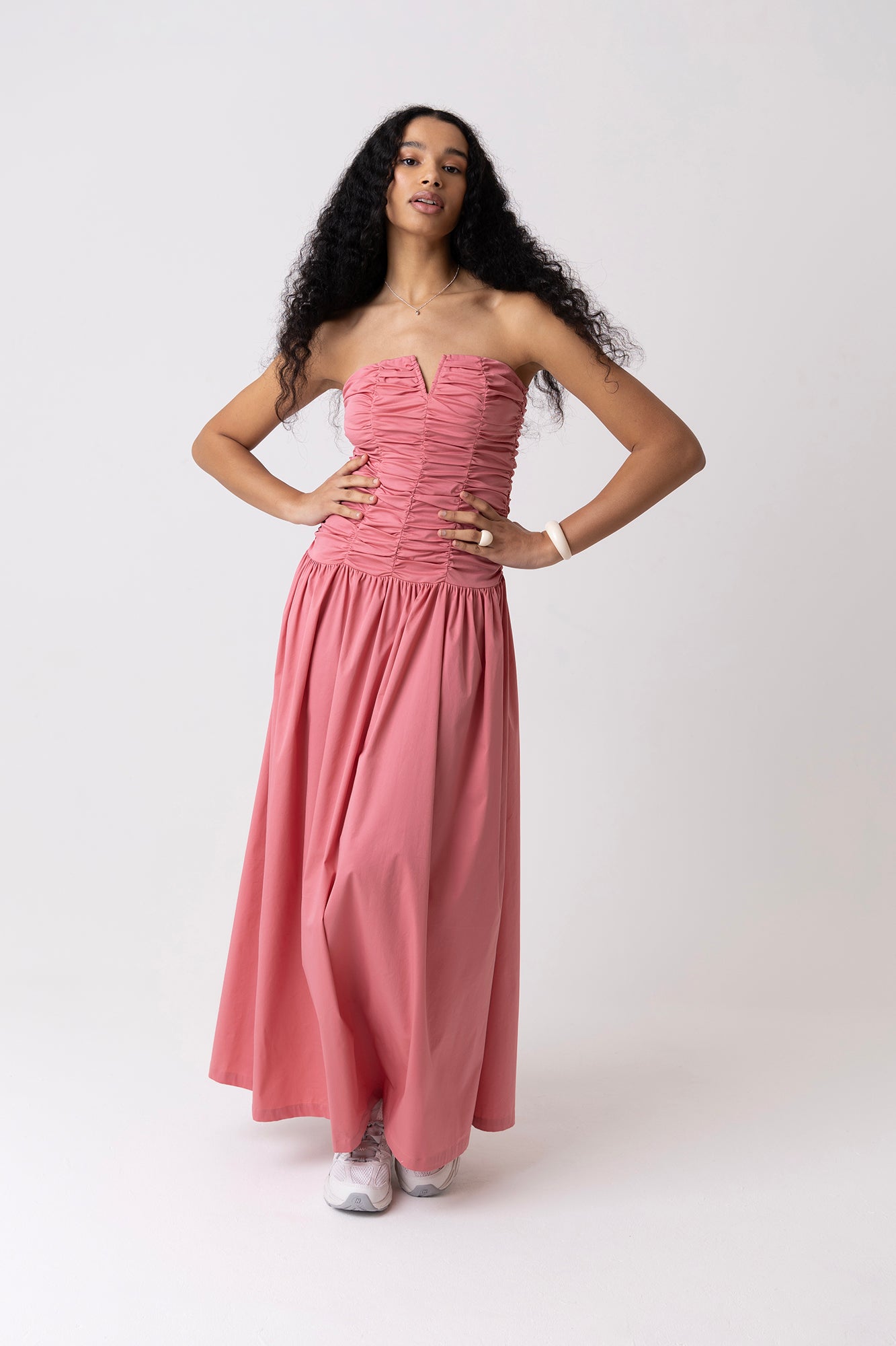 Shyla Pure Cotton Pink Ruched Column Bardot Maxi Dress