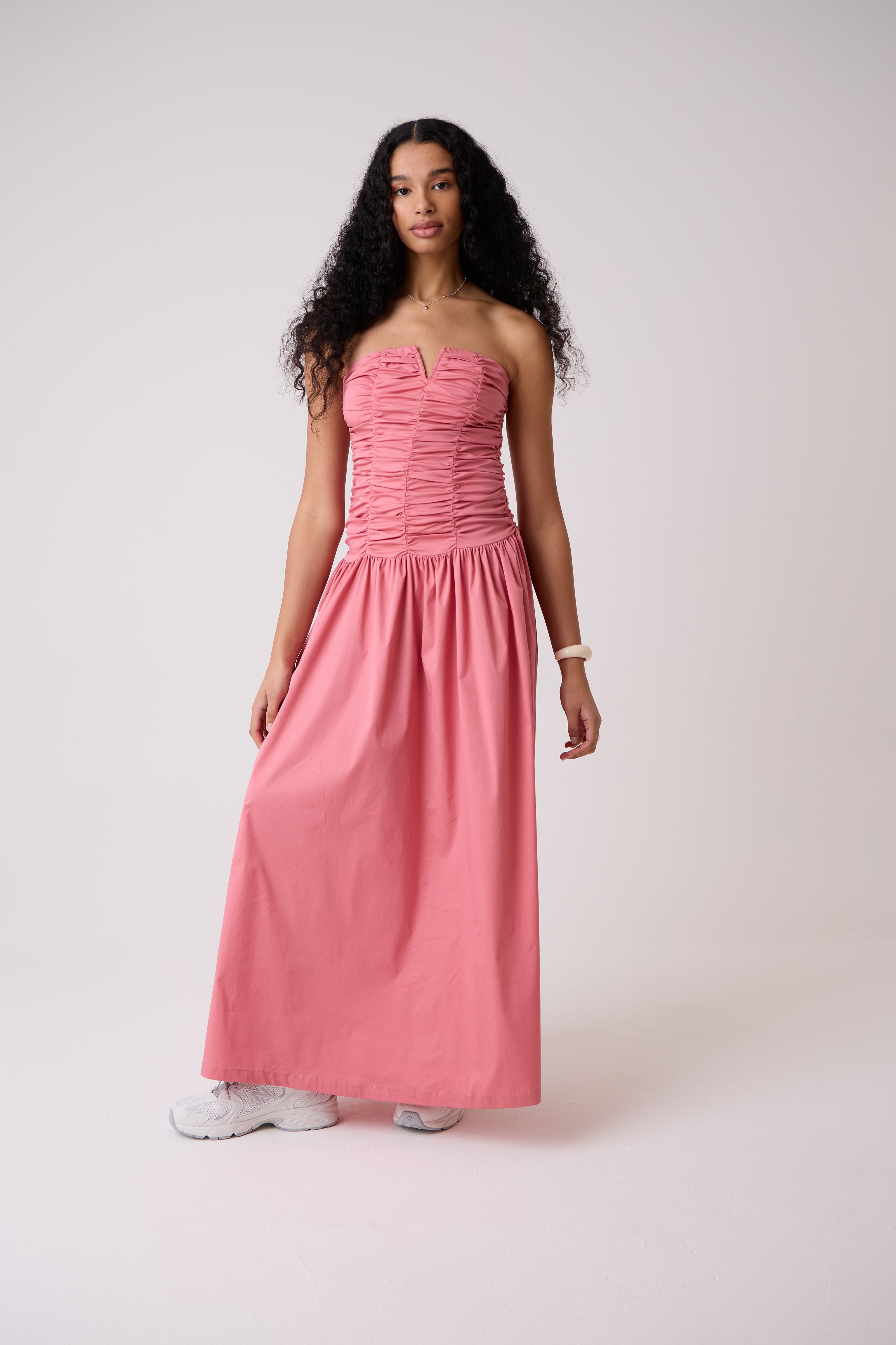 Shyla Pure Cotton Pink Ruched Column Bardot Maxi Dress